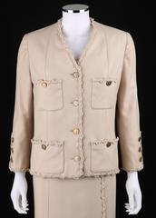 CHANEL c.1980's Haute Couture Numbered Beige Wool Jacket Skirt Suit Custom Fit