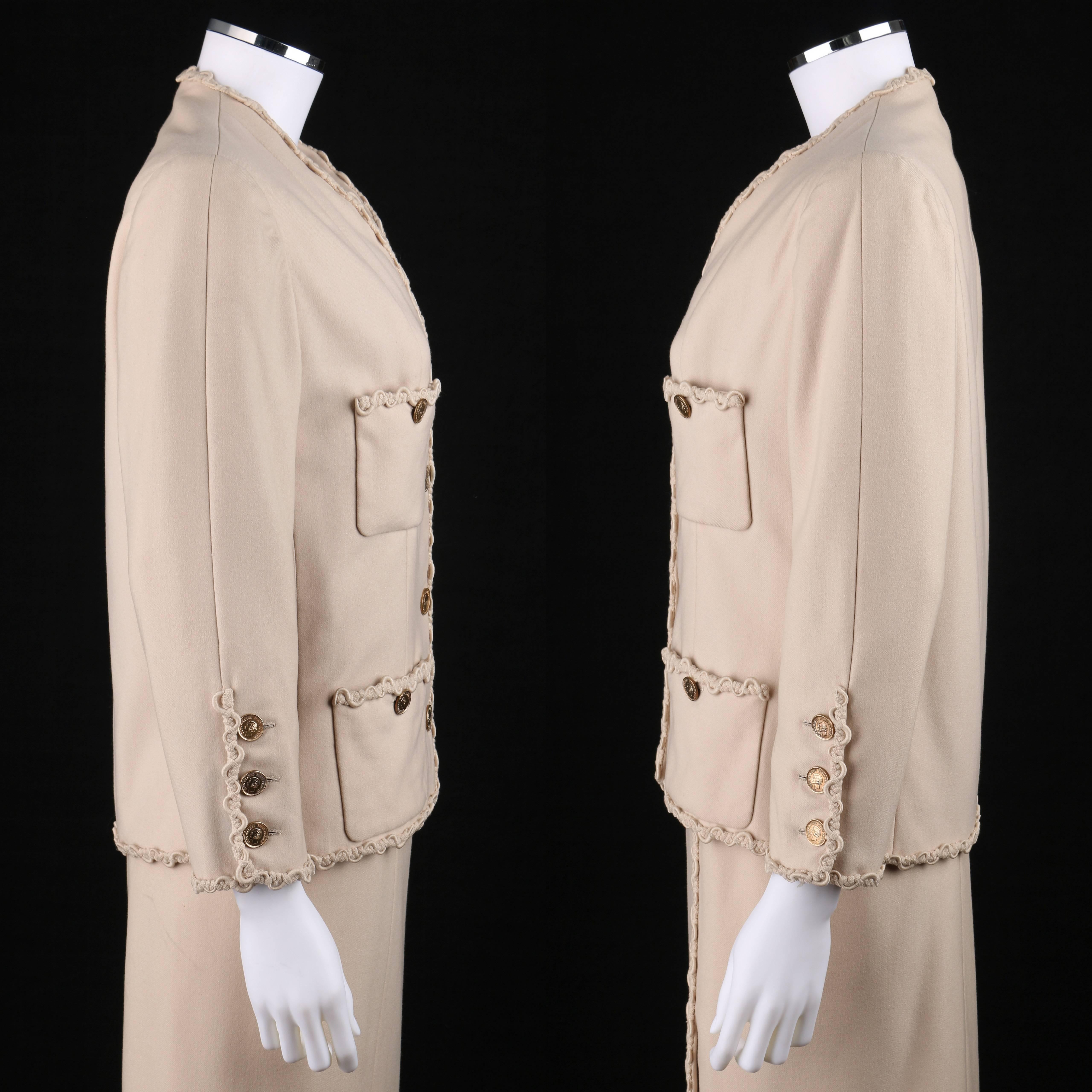 CHANEL c.1980's Haute Couture Numbered Beige Wool Jacket Skirt Suit Custom Fit In Good Condition In Thiensville, WI