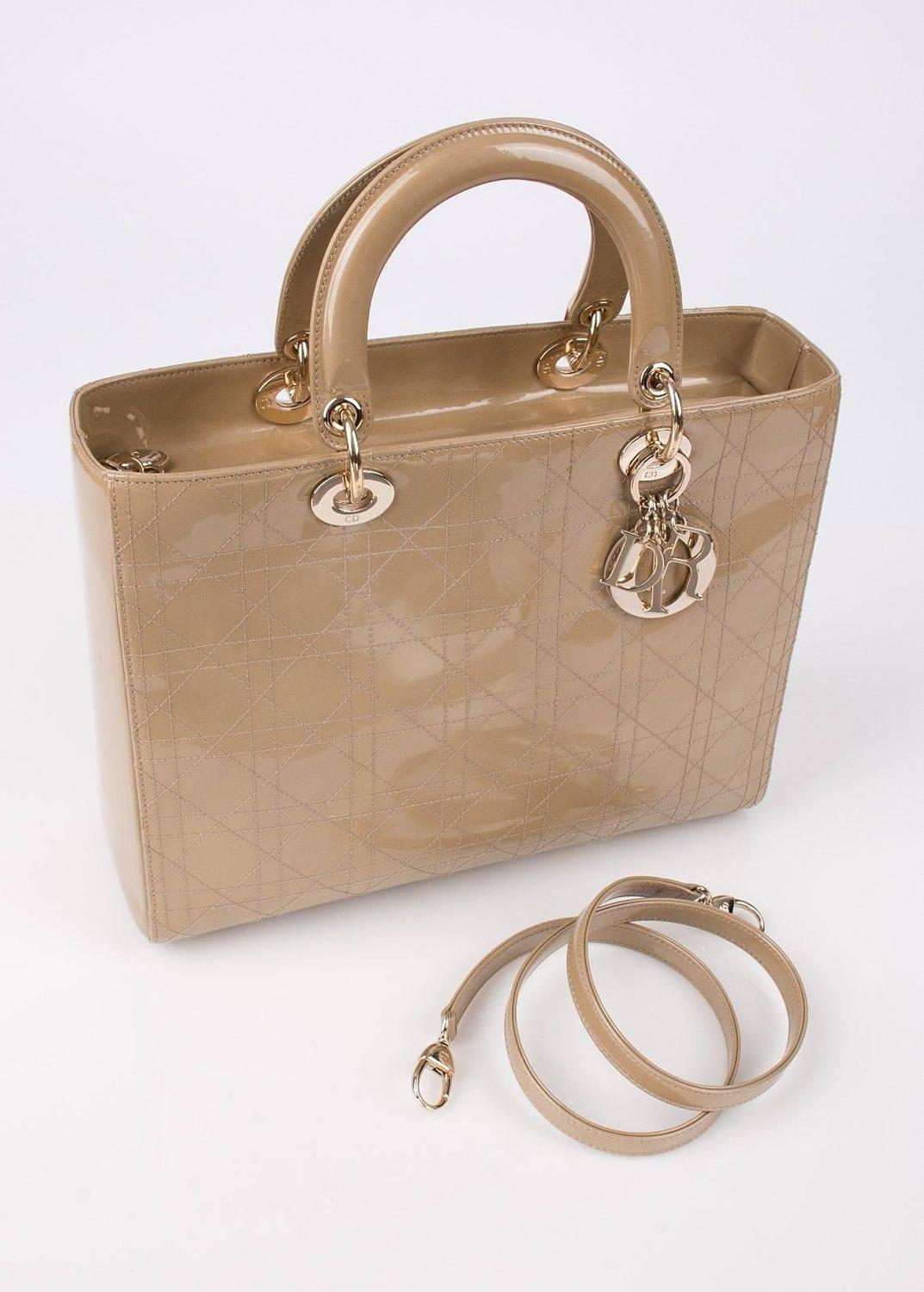 CHRISTIAN DIOR &quot;Lady&quot; Sand / Beige Patent Leather Handbag Tote Purse + Strap For Sale at 1stdibs