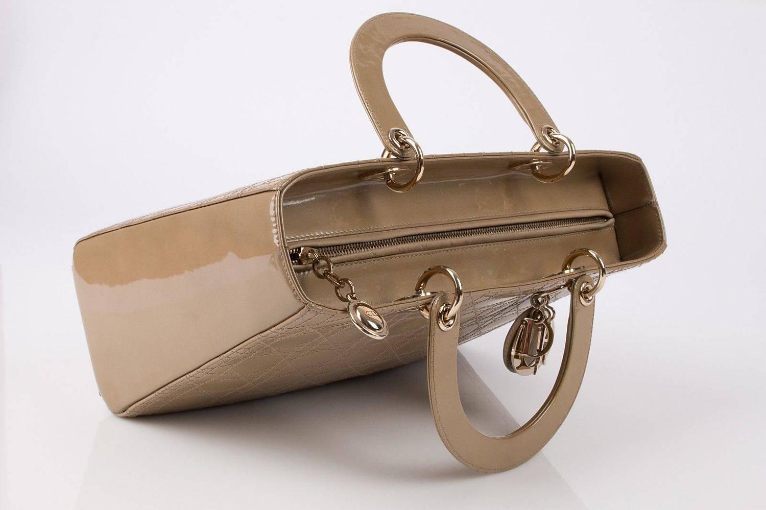 CHRISTIAN DIOR "Lady" Sand / Beige Patent Leather Handbag Tote Purse