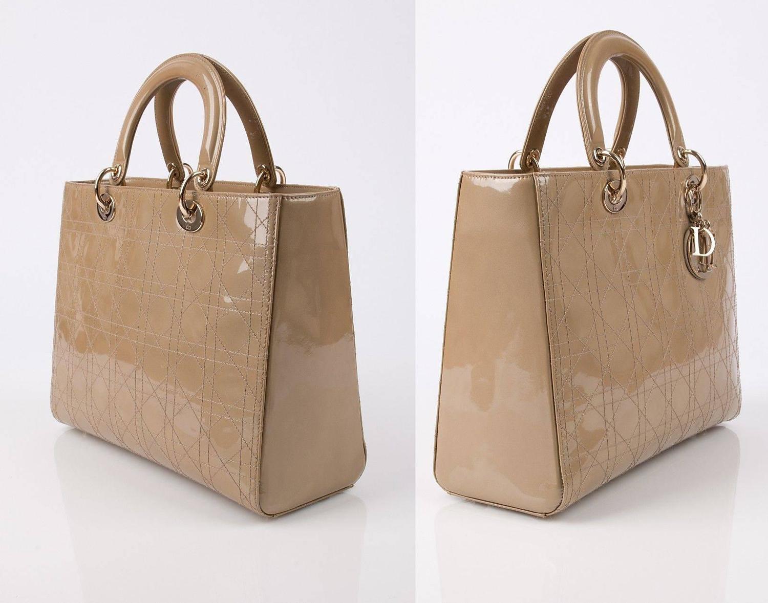 CHRISTIAN DIOR &quot;Lady&quot; Sand / Beige Patent Leather Handbag Tote Purse + Strap For Sale at 1stdibs