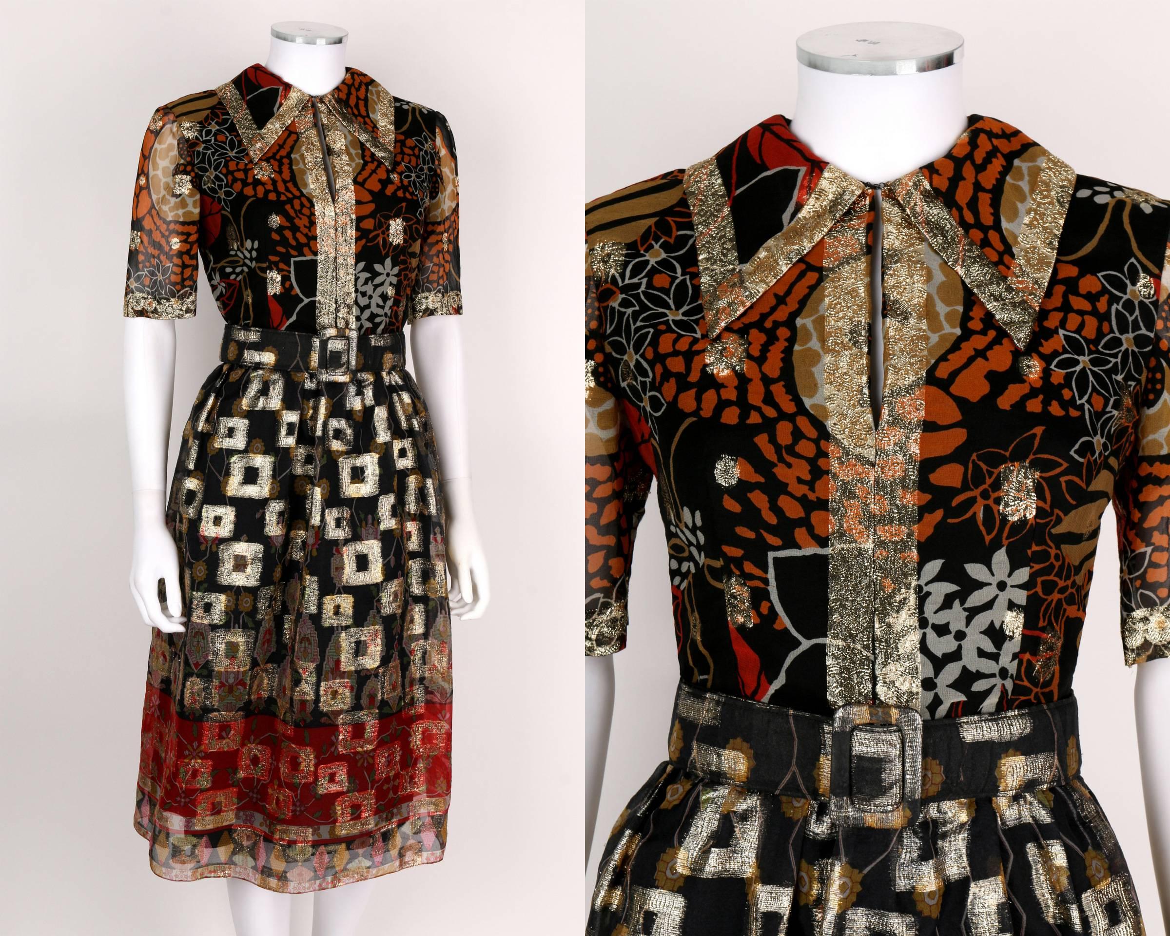 Vintage 1960's Oscar de la Renta Boutique multi-color metallic silk brocade dress. Pointed collar with center front hook and eye closure. Short sleeves. Gold-tone metallic silk floral brocade at collar, cuffs, center front, throughout bodice and in