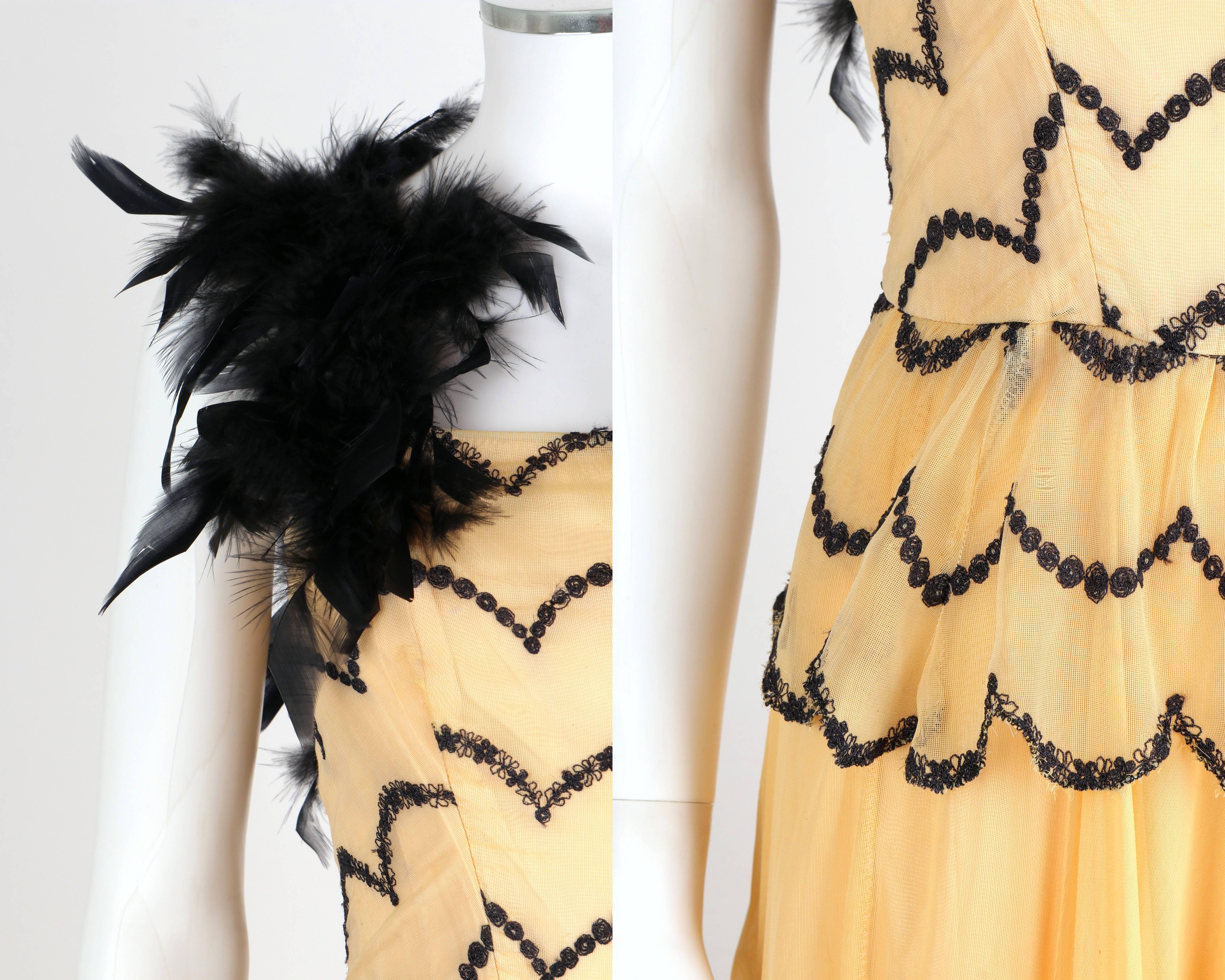 OOAK Vtg 1930's - 1940's Black Feather Trim Evening Ballroom Dance Dress Gown XS In Good Condition In Thiensville, WI