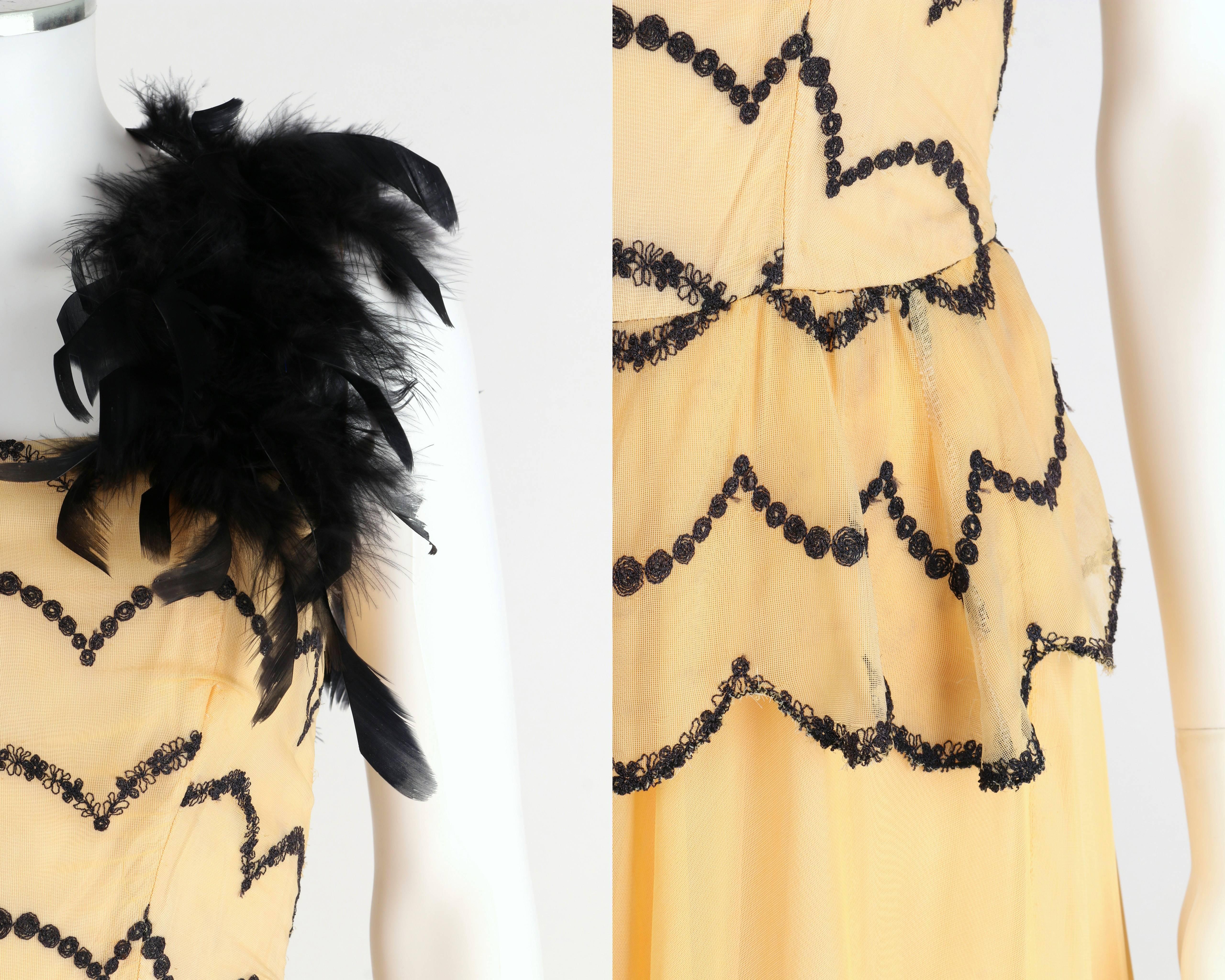 Women's OOAK Vtg 1930's - 1940's Black Feather Trim Evening Ballroom Dance Dress Gown XS For Sale