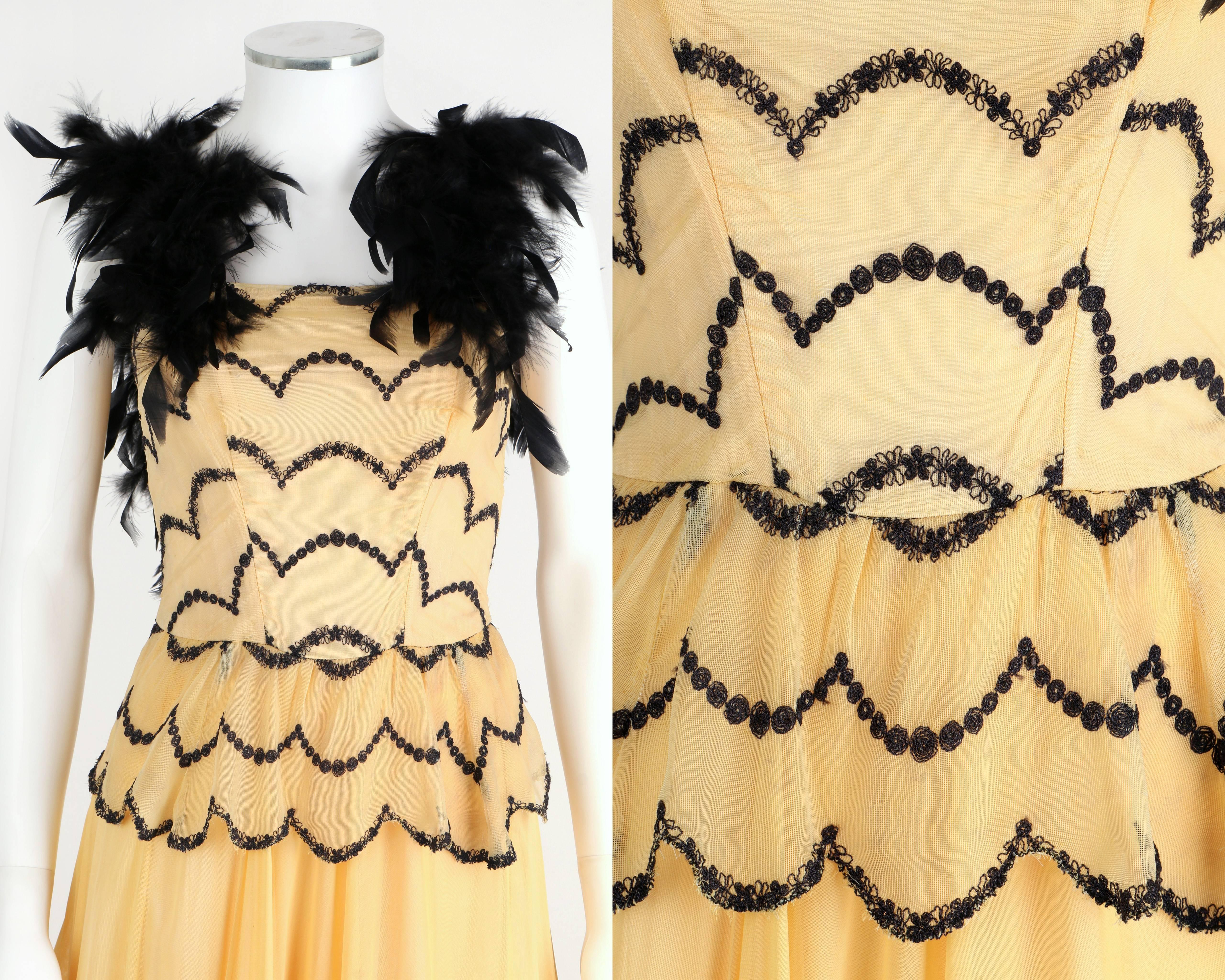Beige OOAK Vtg 1930's - 1940's Black Feather Trim Evening Ballroom Dance Dress Gown XS