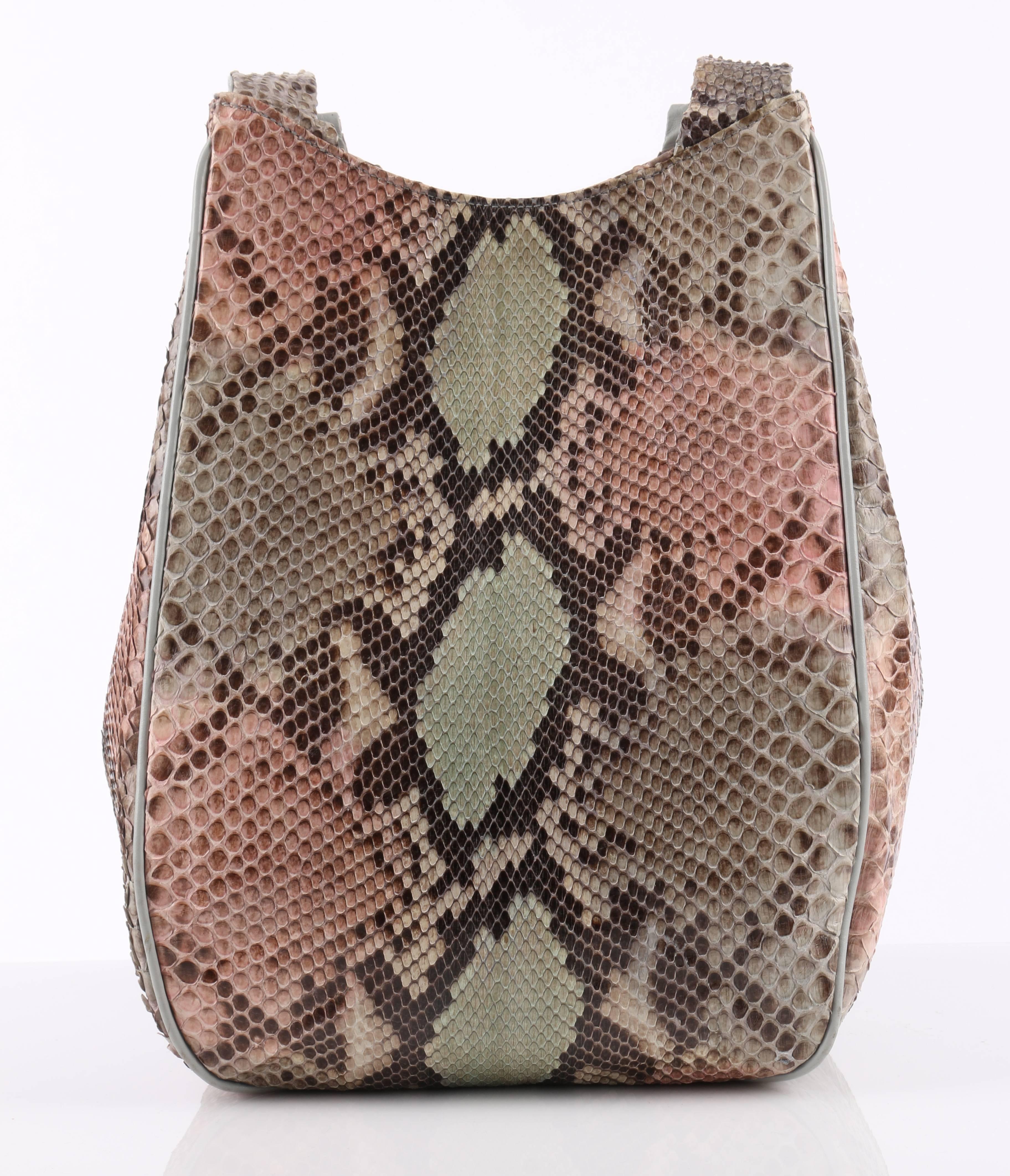 Vintage 1970's Halston beige, pink, brown, and green pastel genuine snakeskin leather handbag and shoes. Handbag has leather lining. Open top. Secures with single gold-tone snap closure.  Peep toe pumps have ruched / gathered detail on the upper.