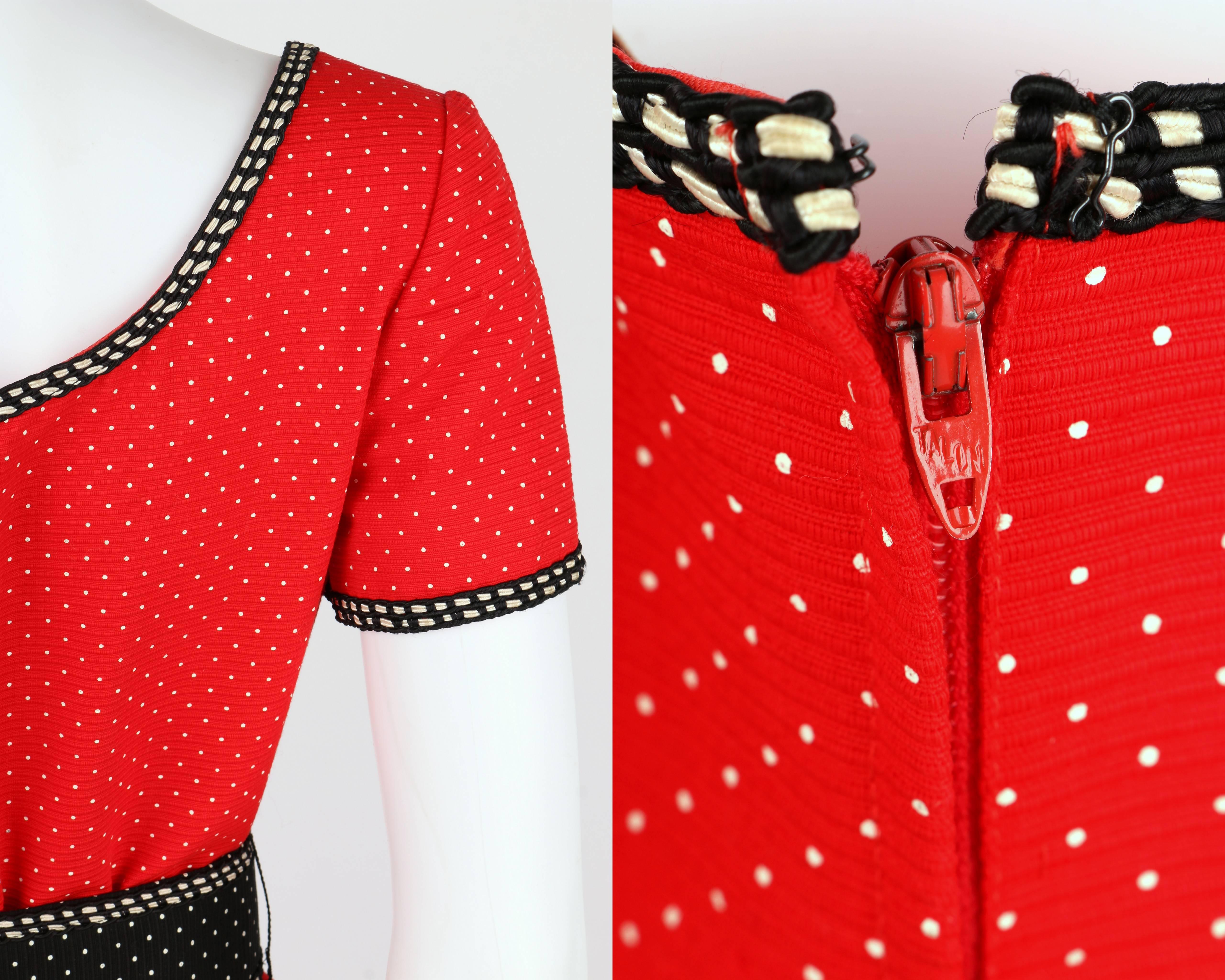 1960's Early OSCAR de la RENTA Boutique Red Polka Dot Short Sleeve Dress + Belt For Sale 4