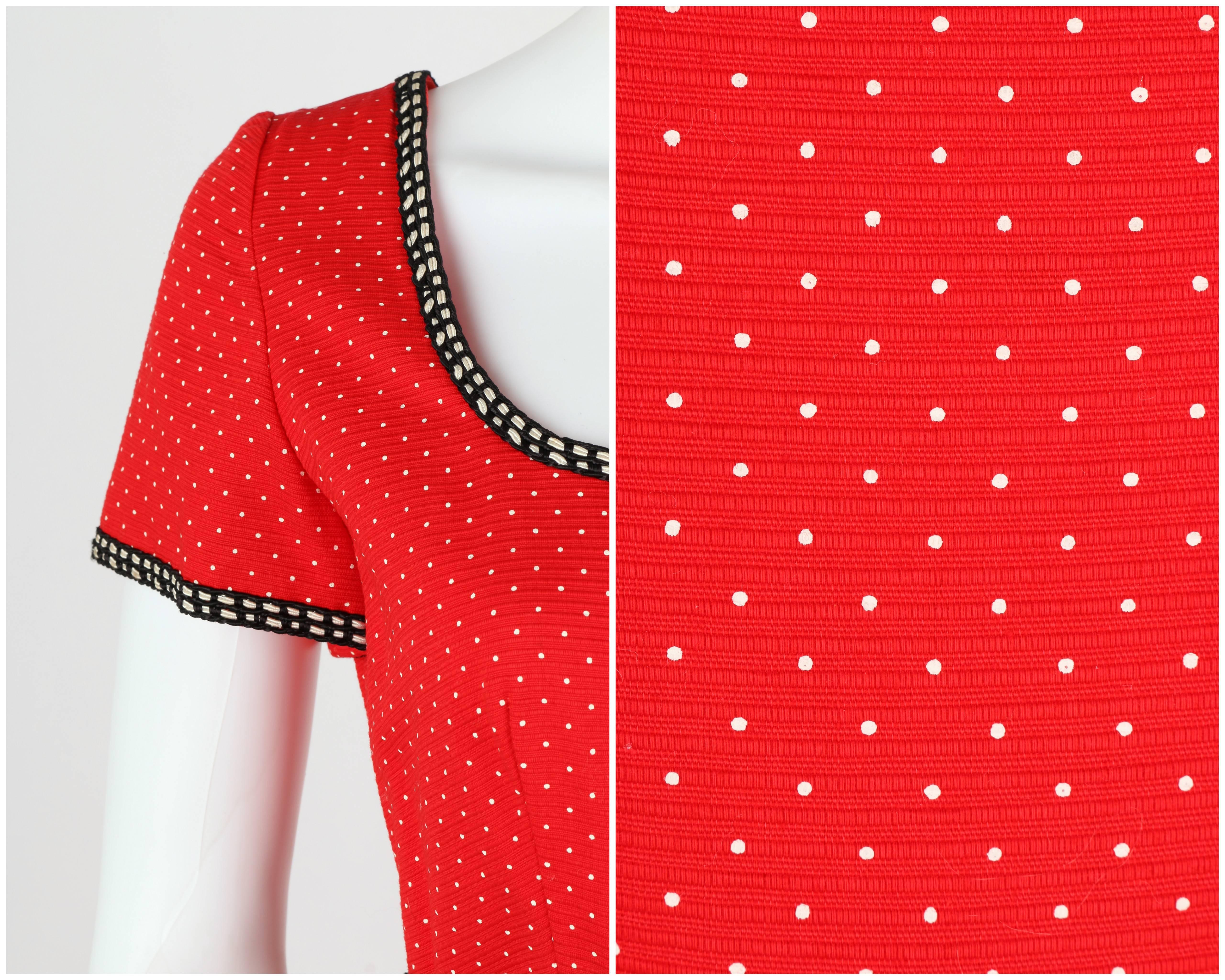 1960's Early OSCAR de la RENTA Boutique Red Polka Dot Short Sleeve Dress + Belt For Sale 3