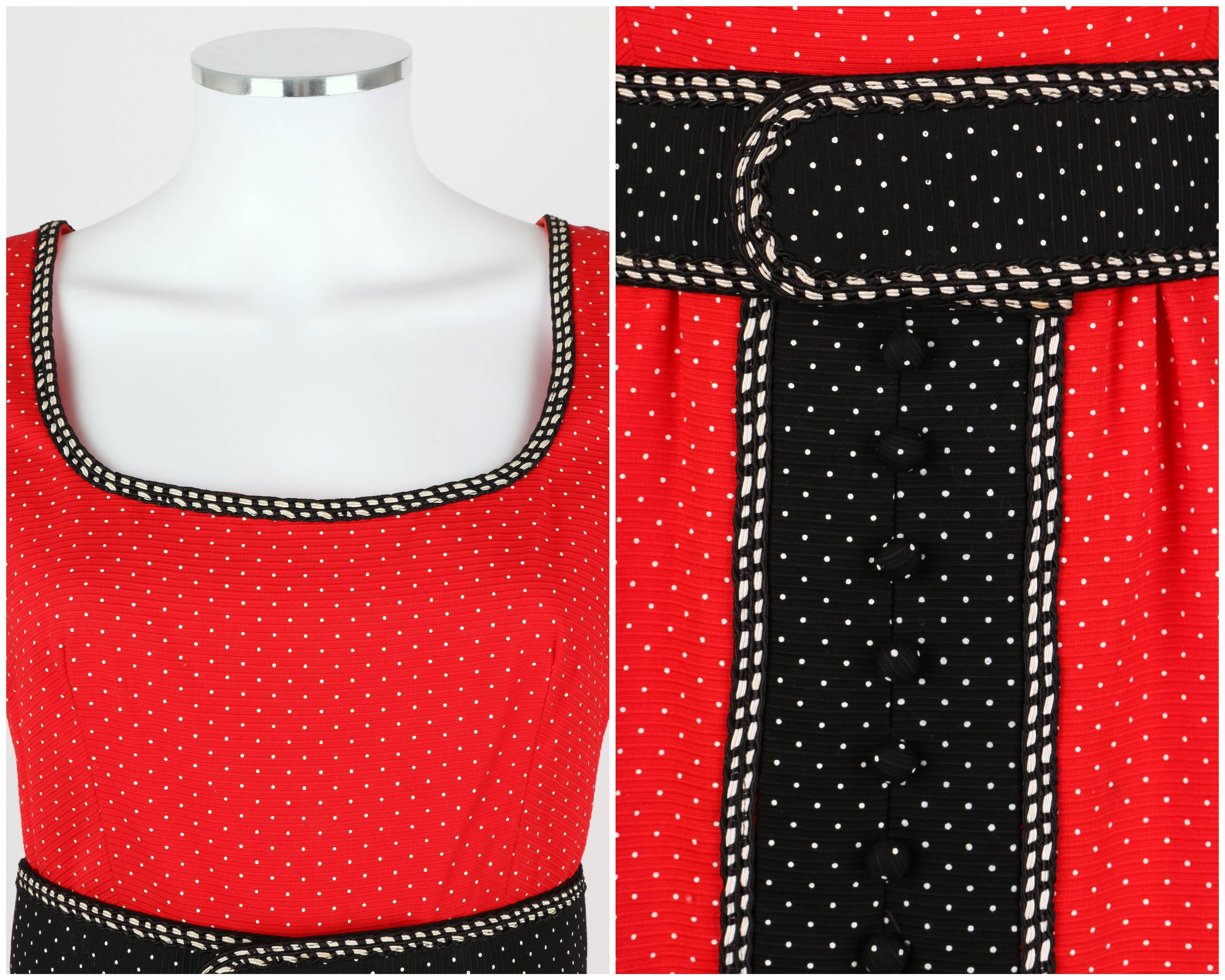 1960's Early OSCAR de la RENTA Boutique Red Polka Dot Short Sleeve Dress + Belt For Sale 2