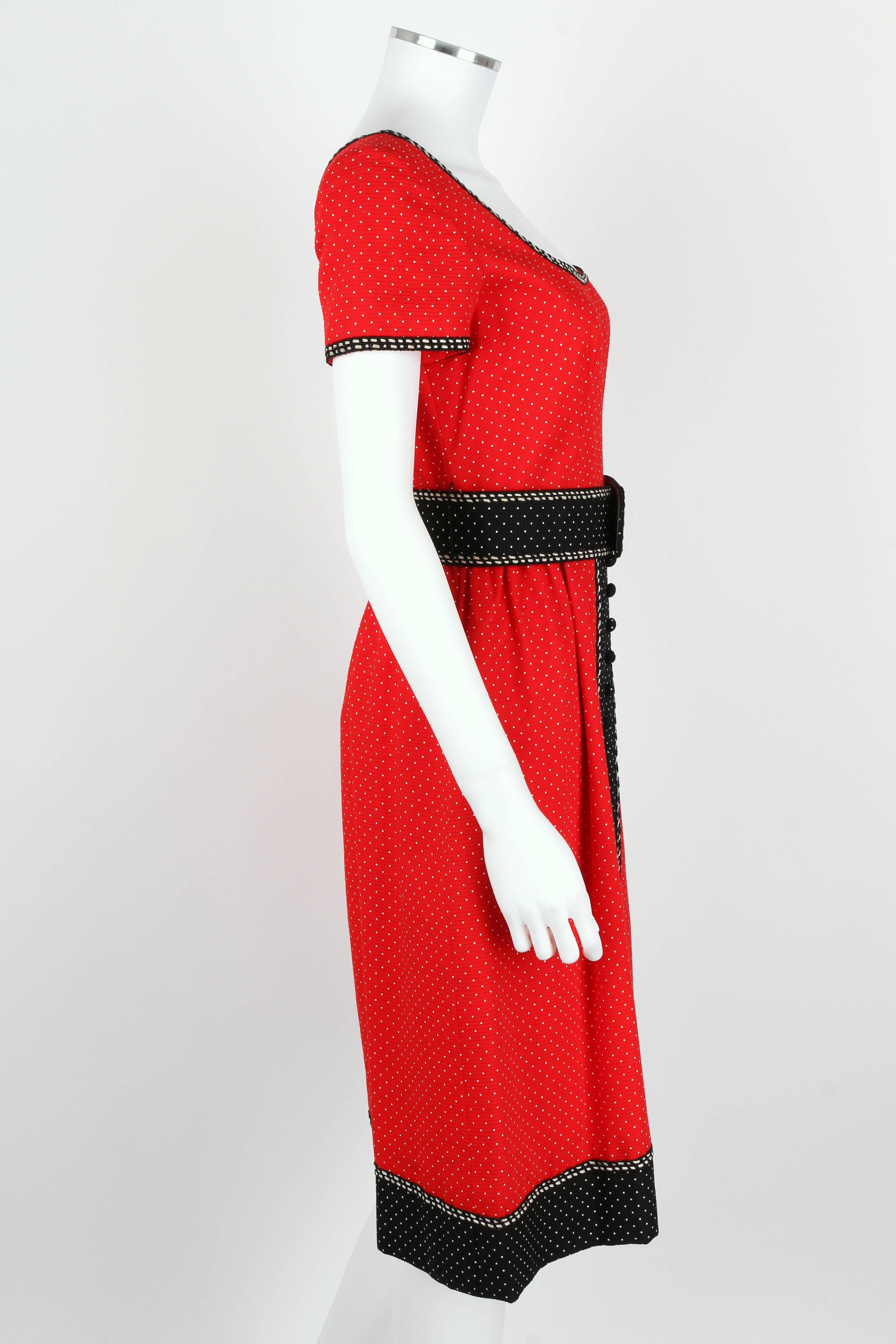 1960's Early OSCAR de la RENTA Boutique Red Polka Dot Short Sleeve Dress + Belt In Good Condition For Sale In Thiensville, WI