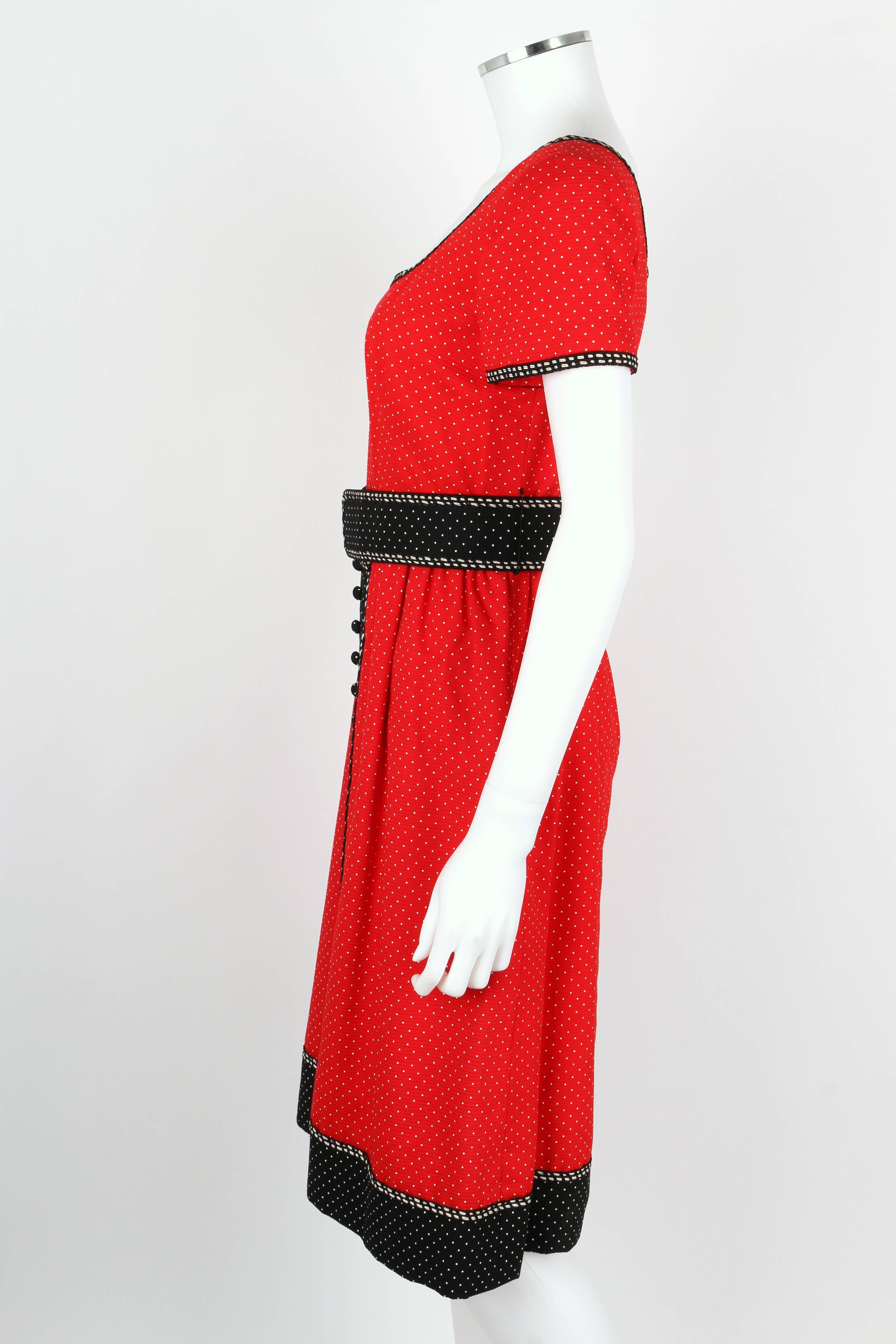 1960's Early OSCAR de la RENTA Boutique Red Polka Dot Short Sleeve Dress + Belt For Sale 1