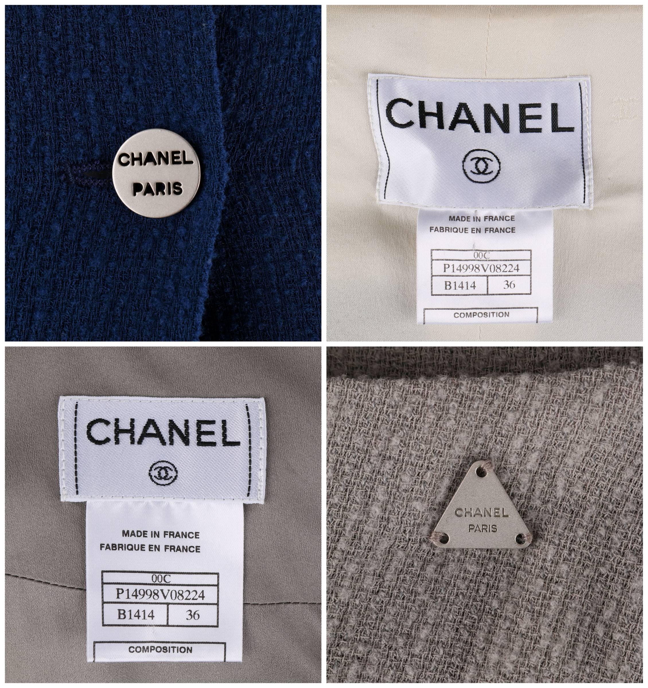 CHANEL Cruise 2000 - Ensemble 2 pièces veste et jupe en tweed tricolore à bords bruts et franges, taille 36 5