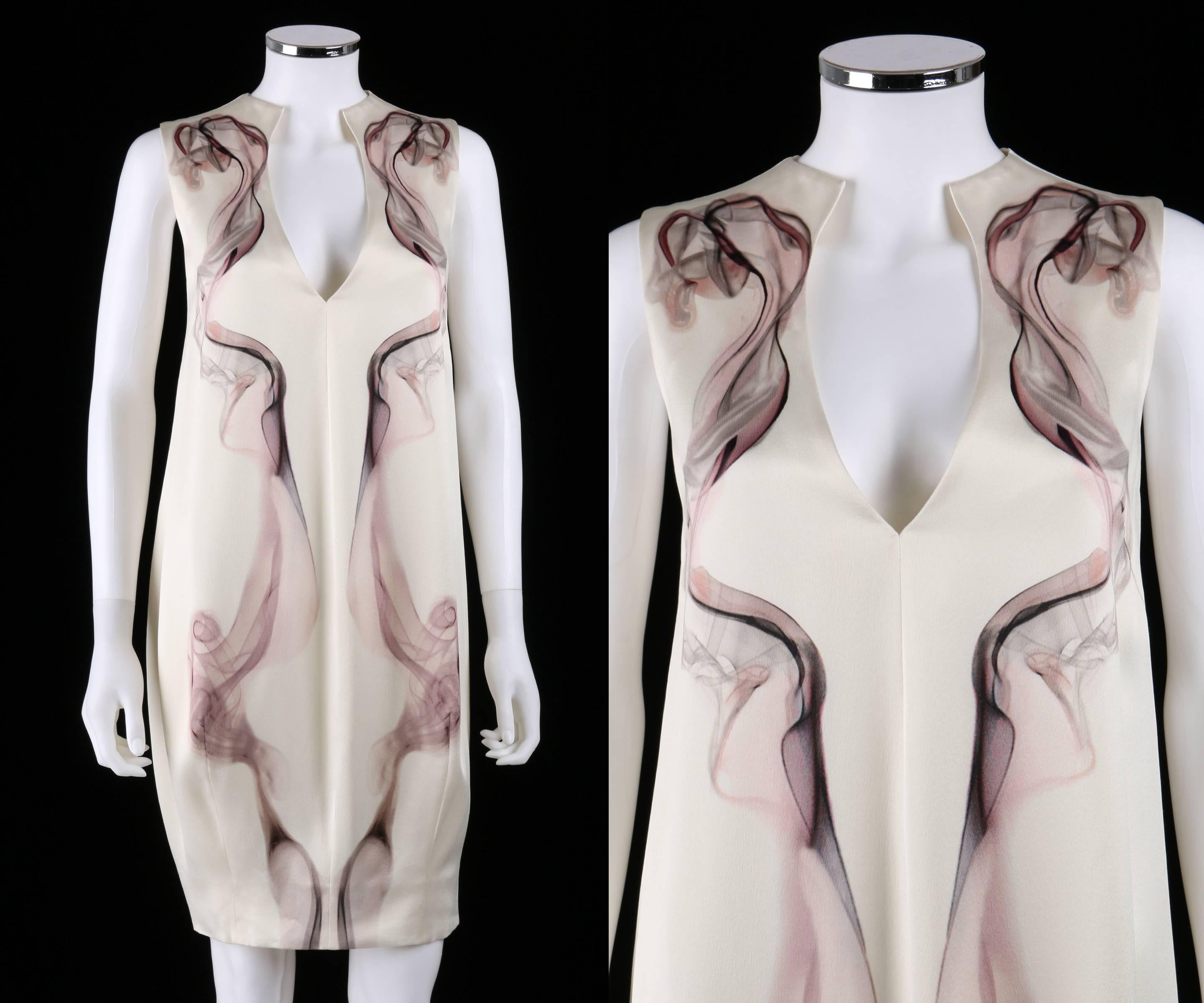 New With Tags Alexander McQueen Spring/Summer 2009 white smoke print silk shift dress. Sleeveless with a v-neckline. Two darts at center back hem. Fully lined. Center back zip closure with hook and eye. Marked Fabric Content: 