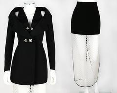 1980's KARL LAGERFELD 2pc Black Avant Garde Jacket Net Skirt Dress Set 38 / 40