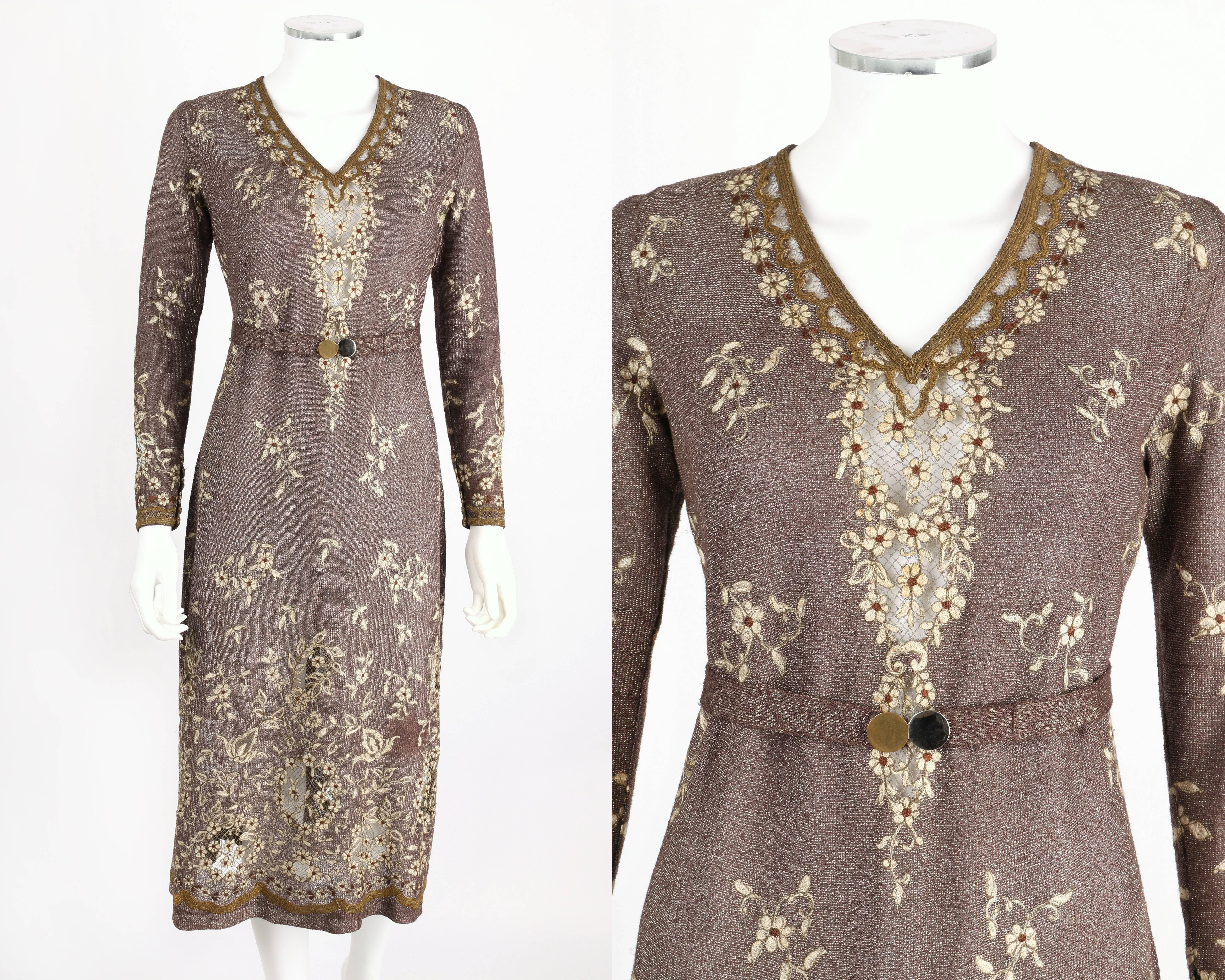 Incredibly unusual circa 1930s brown/bronze & silver metallic knit dress. Contains a partial label marked 
