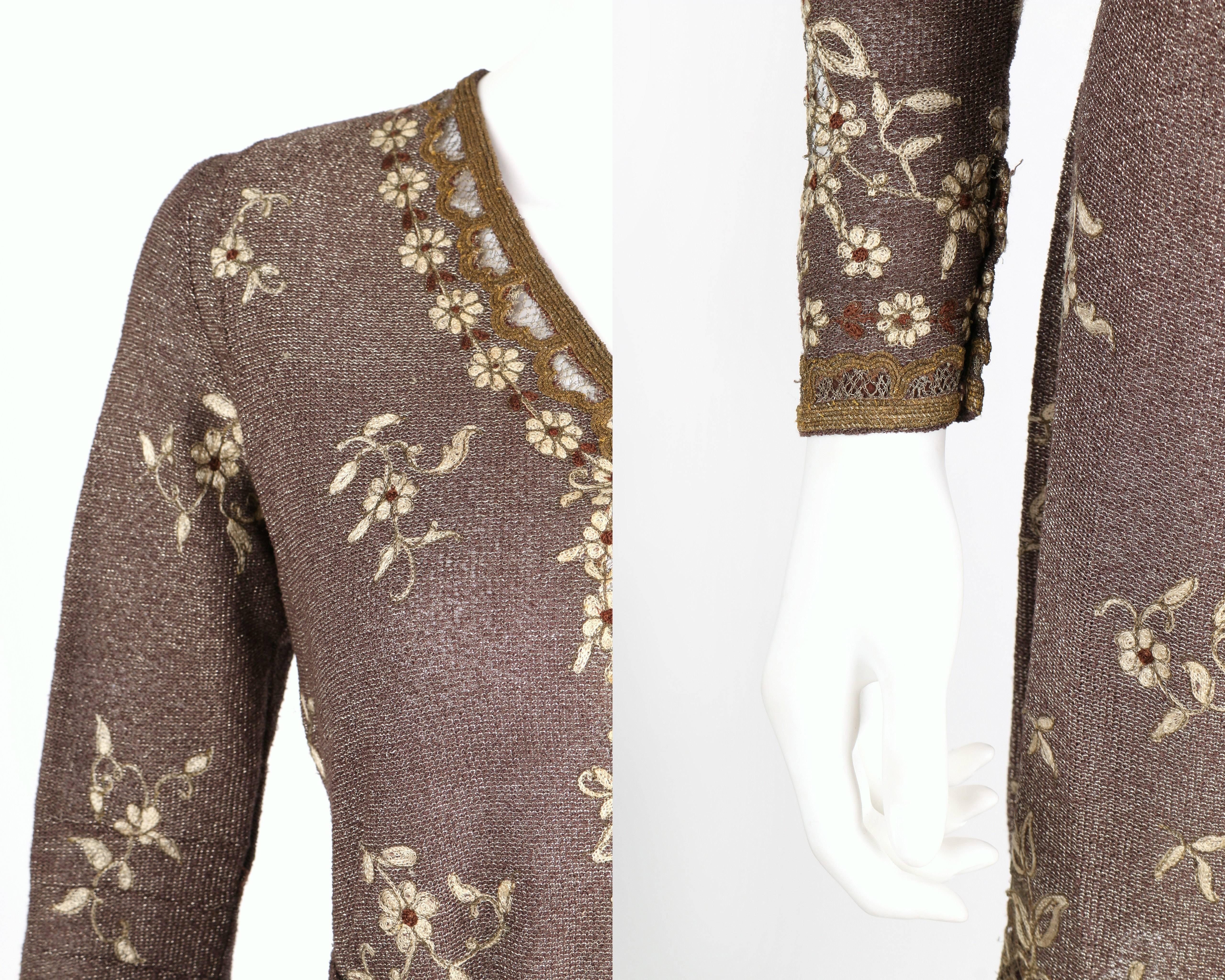OOAK 1930's Parisian Haute Couture Brown Bronze Metallic Knit Embroidered Dress In Good Condition For Sale In Thiensville, WI