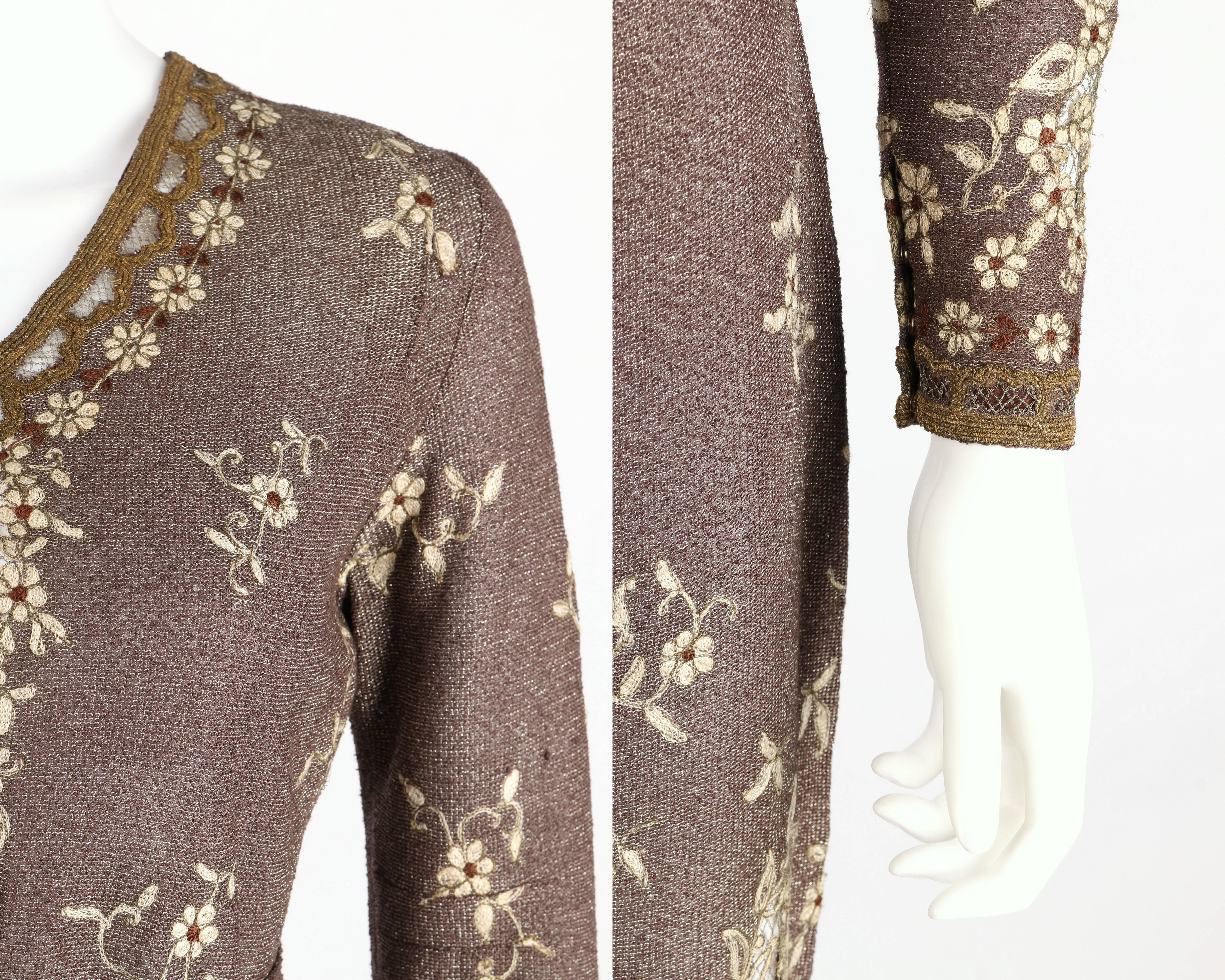 Women's OOAK 1930's Parisian Haute Couture Brown Bronze Metallic Knit Embroidered Dress For Sale