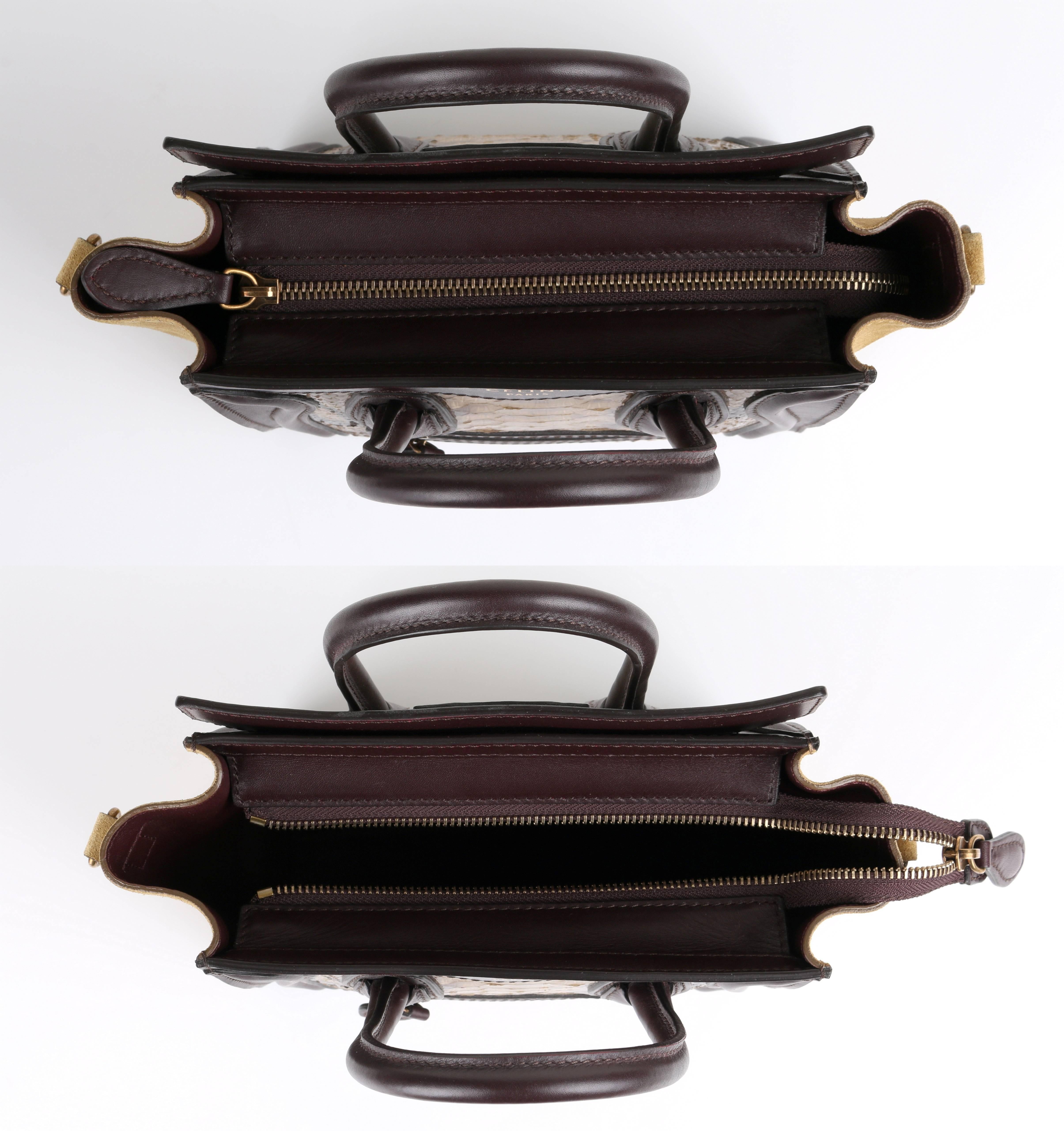 Black CELINE Dark Brown Olive Genuine Python Suede Nano Luggage Tote Handbag Purse