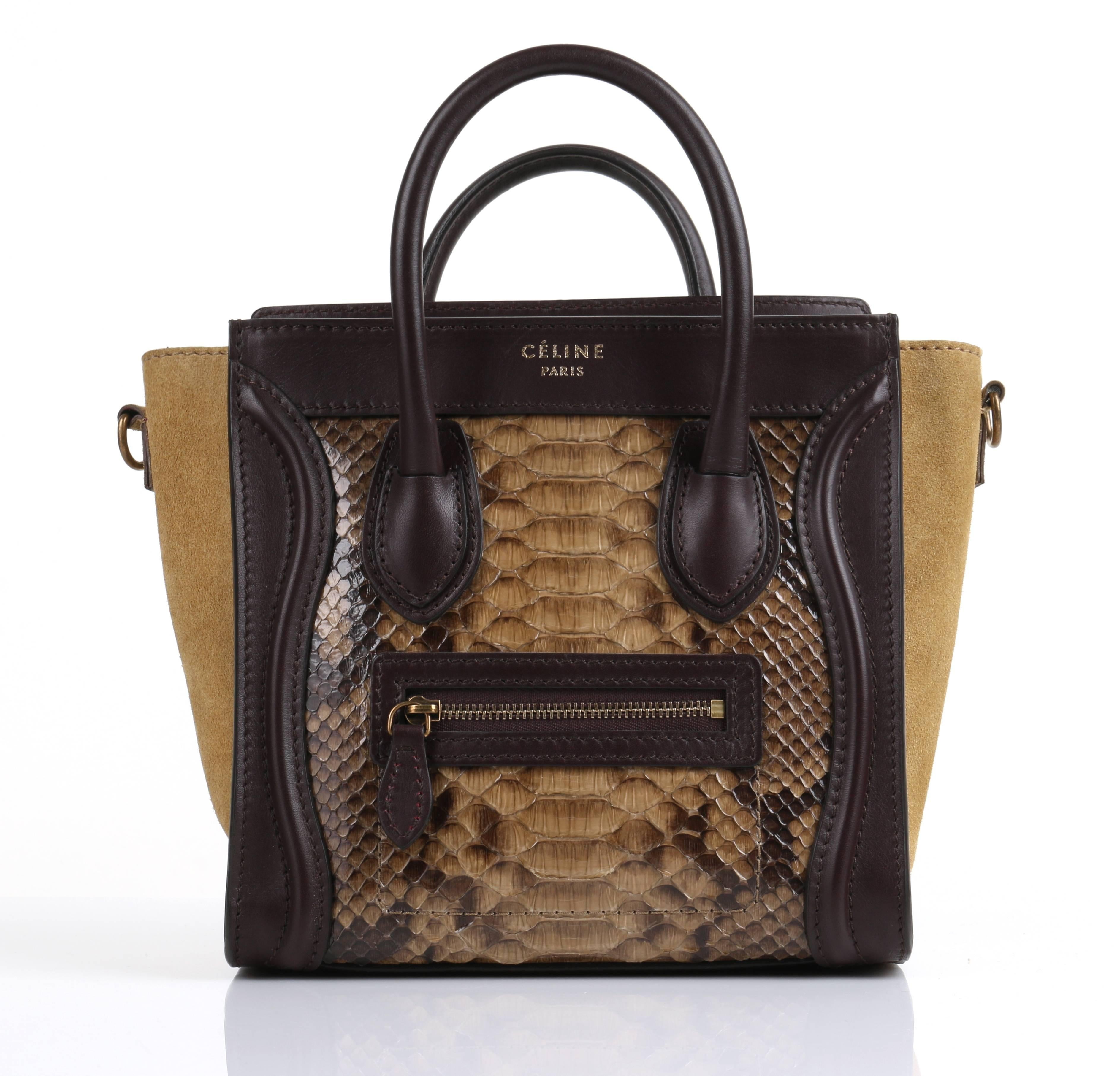 Céline olive/tan genuine python and dark brown leather Nano Luggage tote bag. Olive suede sides. Rolled leather handles. Gold-tone hardware. One small exterior zipper pocket. Zip top to the interior. Leather lined interior has one small slide