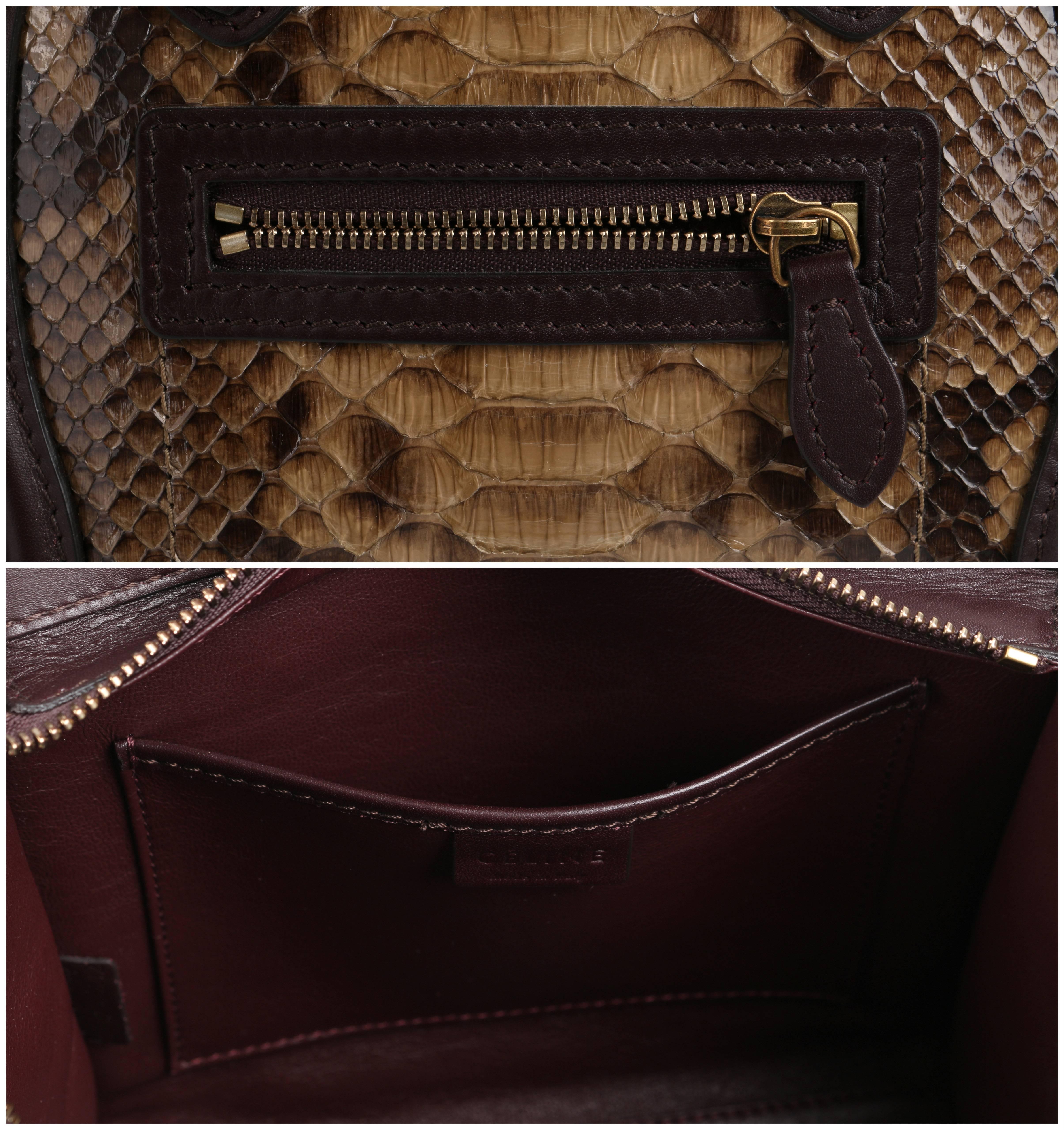 CELINE Dark Brown Olive Genuine Python Suede Nano Luggage Tote Handbag Purse In New Condition In Thiensville, WI