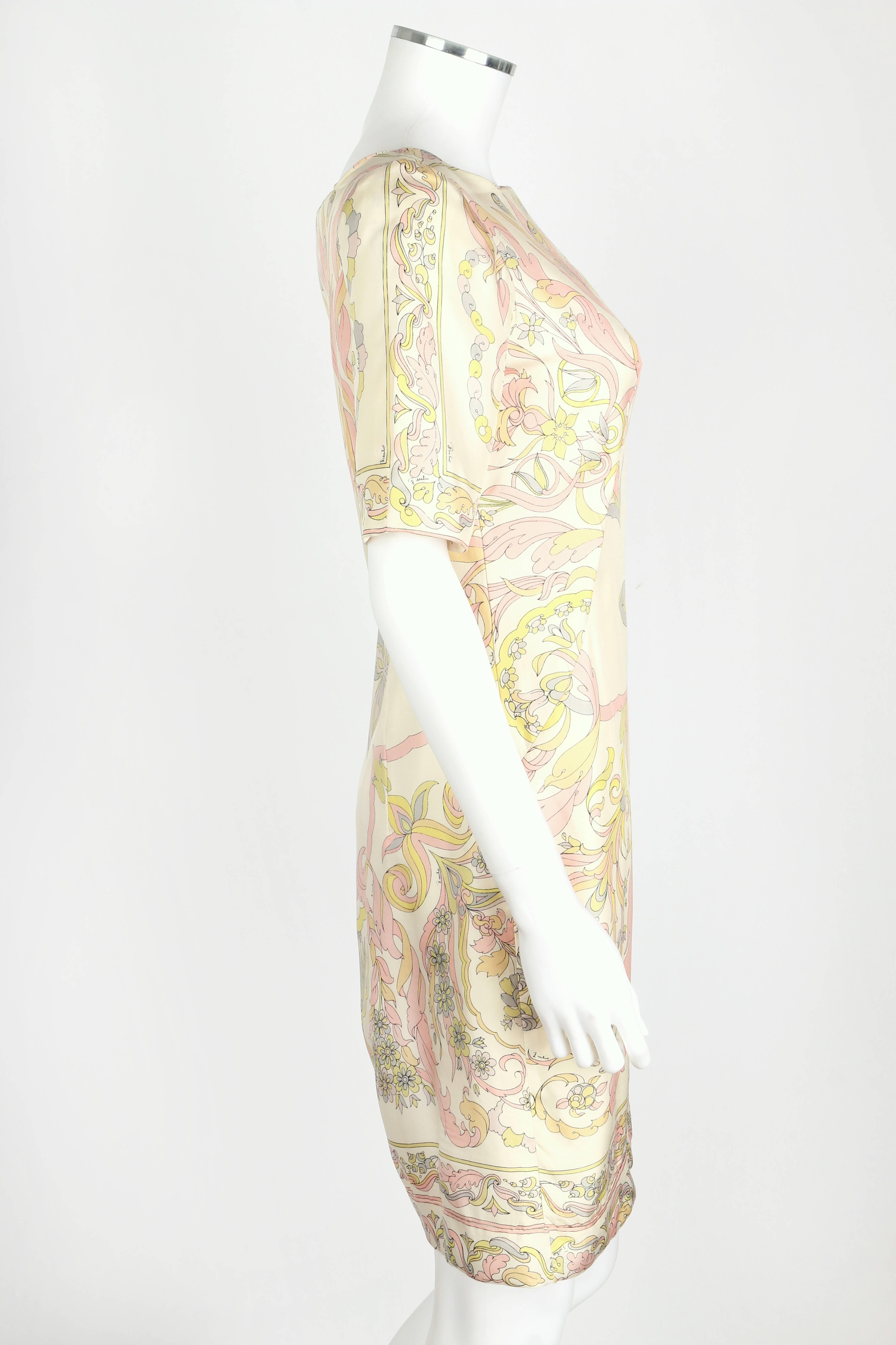 1960s EMILIO PUCCI Ivory Pastel Print Silk Short Sleeve Shift Dress 8 ...