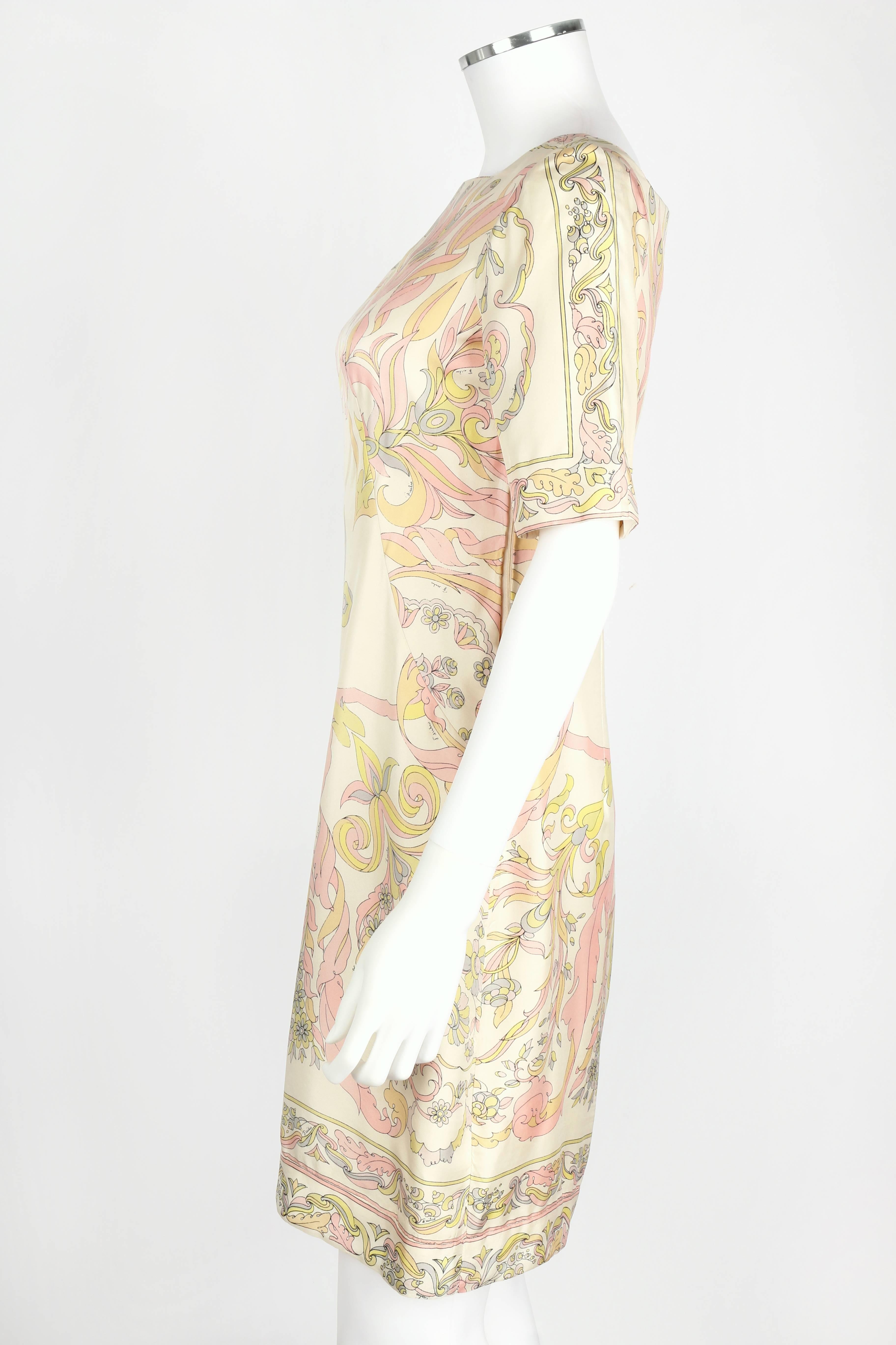 Beige 1960s EMILIO PUCCI Ivory Pastel Print Silk Short Sleeve Shift Dress 8 For Sale