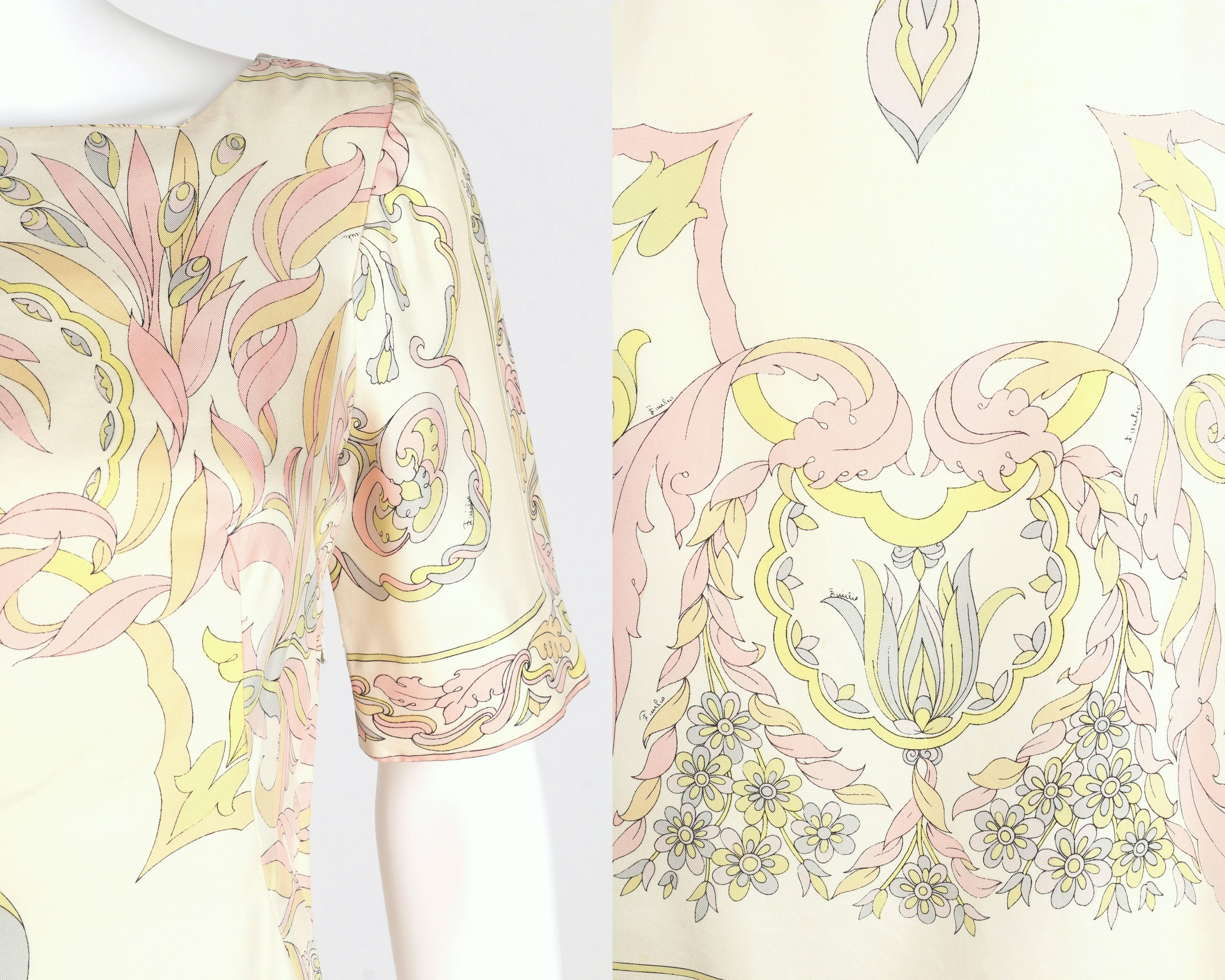 Women's 1960s EMILIO PUCCI Ivory Pastel Print Silk Short Sleeve Shift Dress 8 For Sale