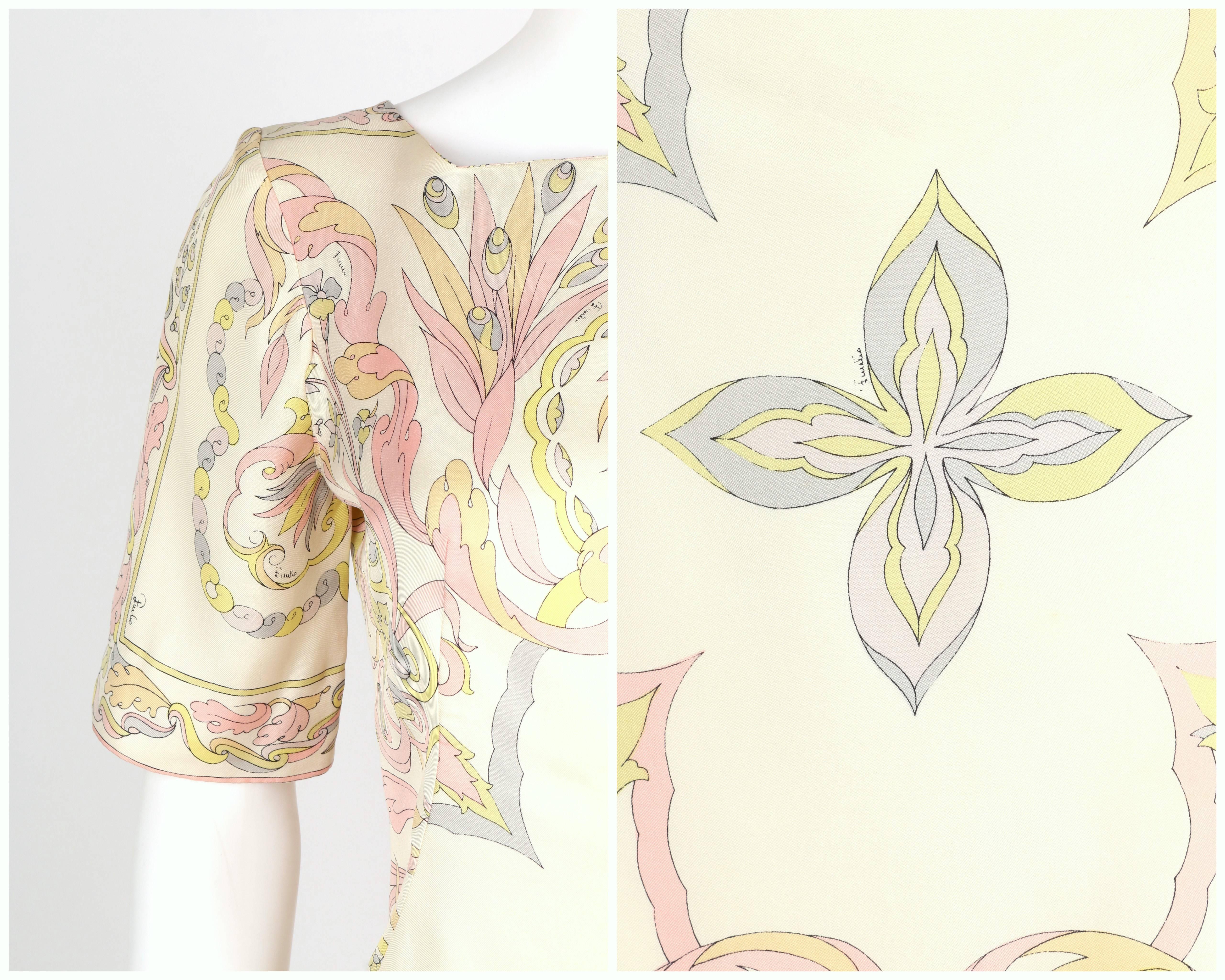 1960s EMILIO PUCCI Ivory Pastel Print Silk Short Sleeve Shift Dress 8 In Good Condition For Sale In Thiensville, WI