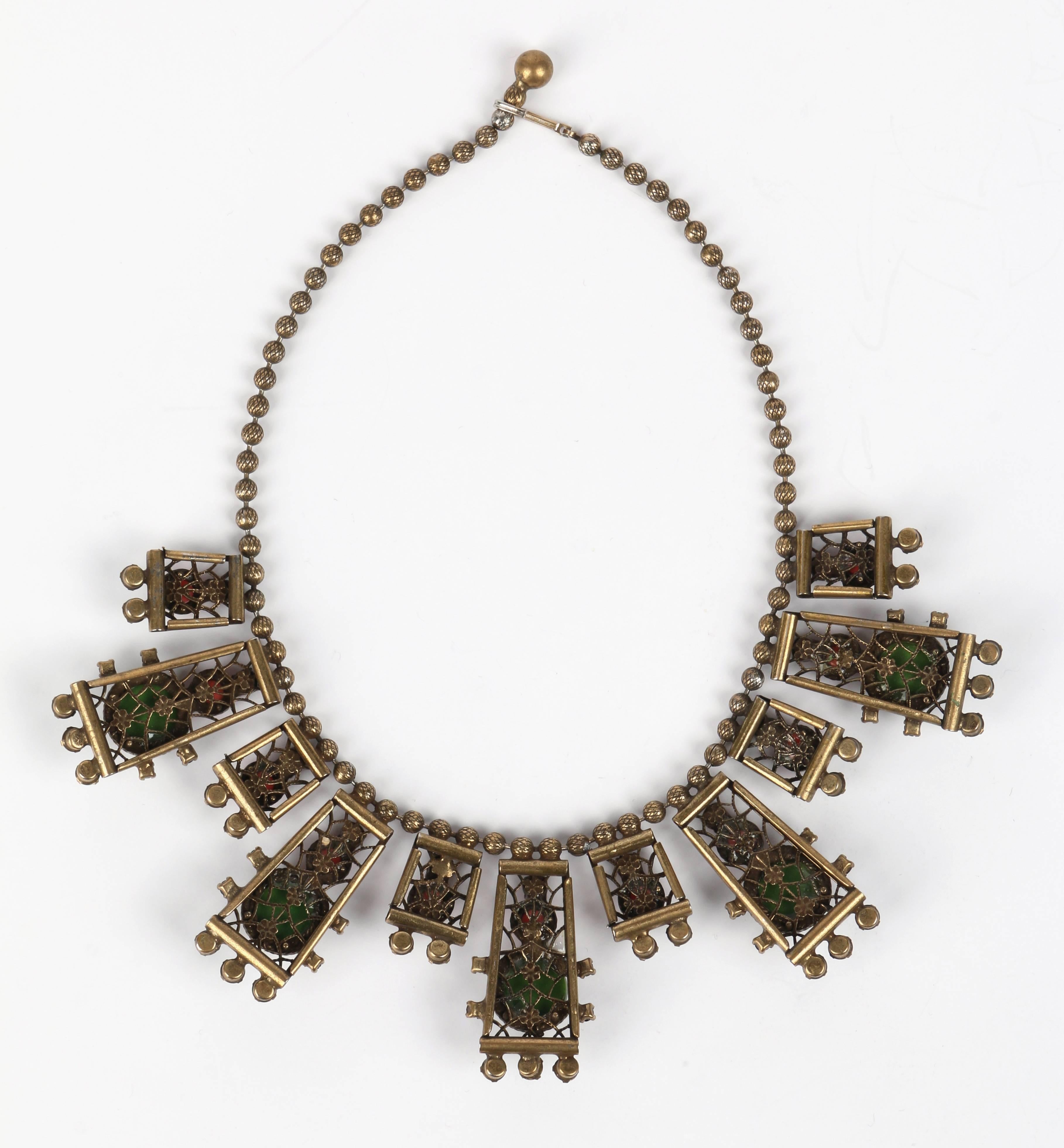 Egyptian Revival 1970s Juliana Delizza Elster Gold Moroccan Matrix Multicolor Cabochon Necklace