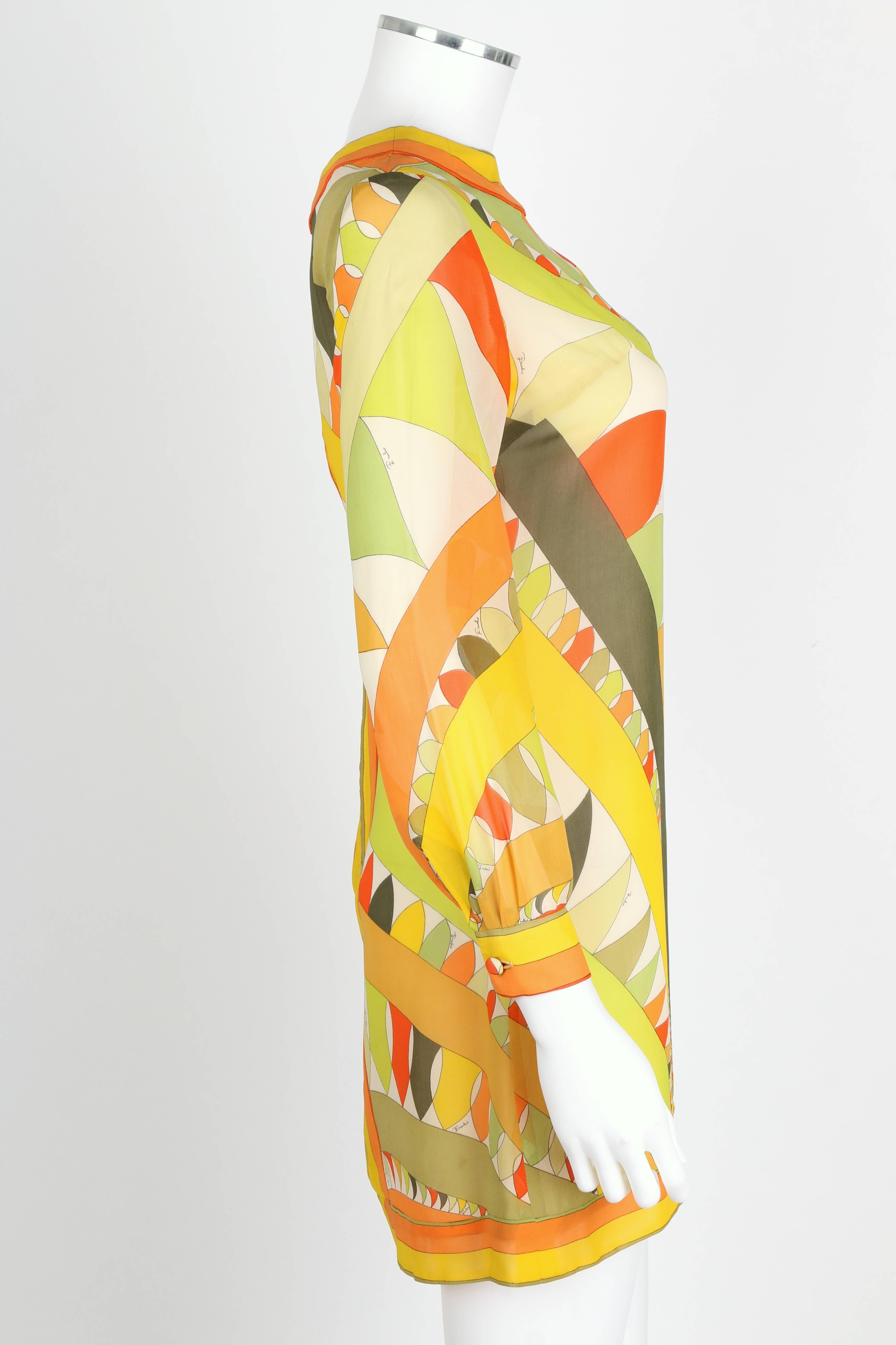 EMILIO PUCCI 1960s Lime Green Citrus Signature Print Long Sleeve Silk Dress Sz 6 In Excellent Condition In Thiensville, WI