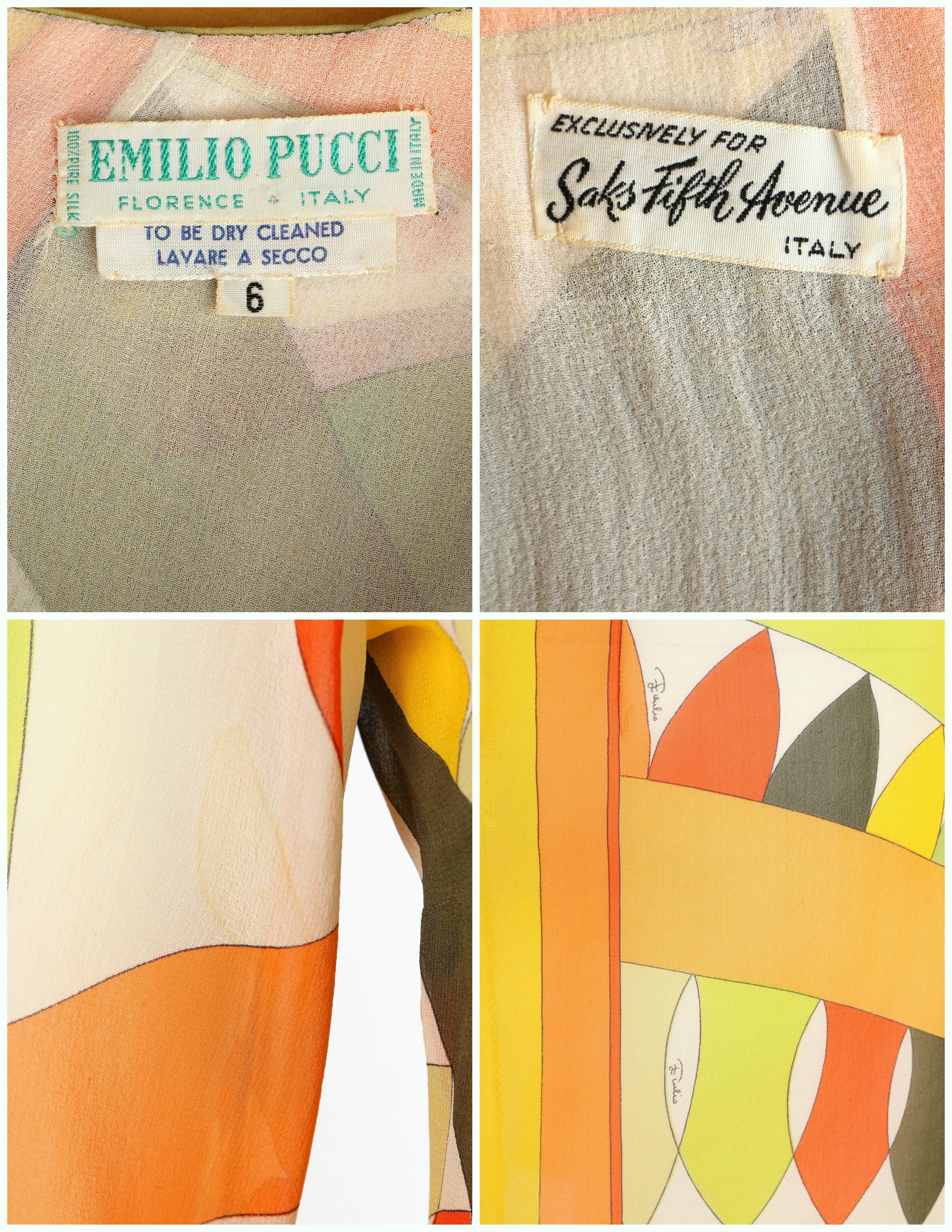 EMILIO PUCCI 1960s Lime Green Citrus Signature Print Long Sleeve Silk Dress Sz 6 6