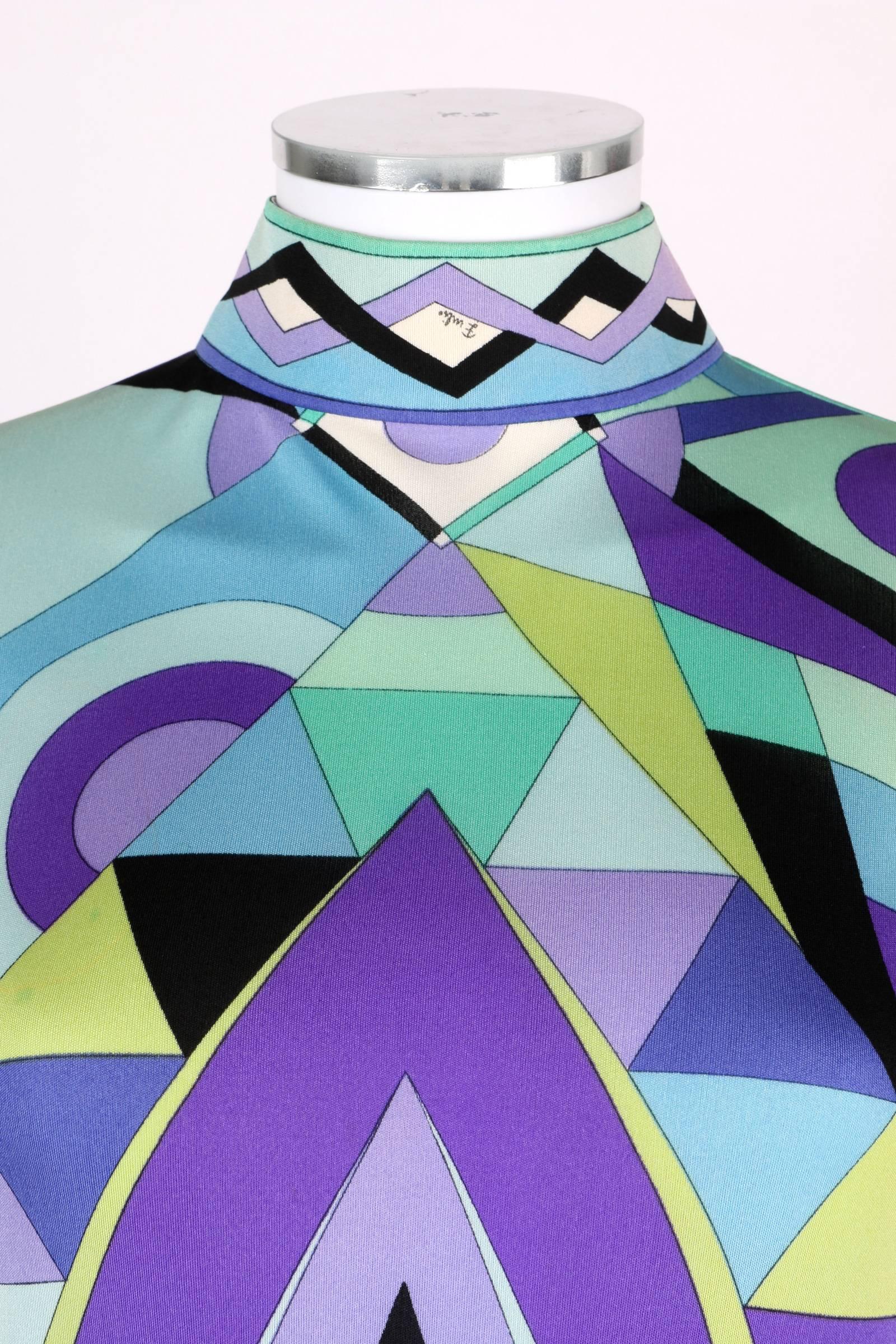 EMILIO PUCCI 1960s Multi-Color Signature Print Silk Jersey Mod Dress Size 8 1