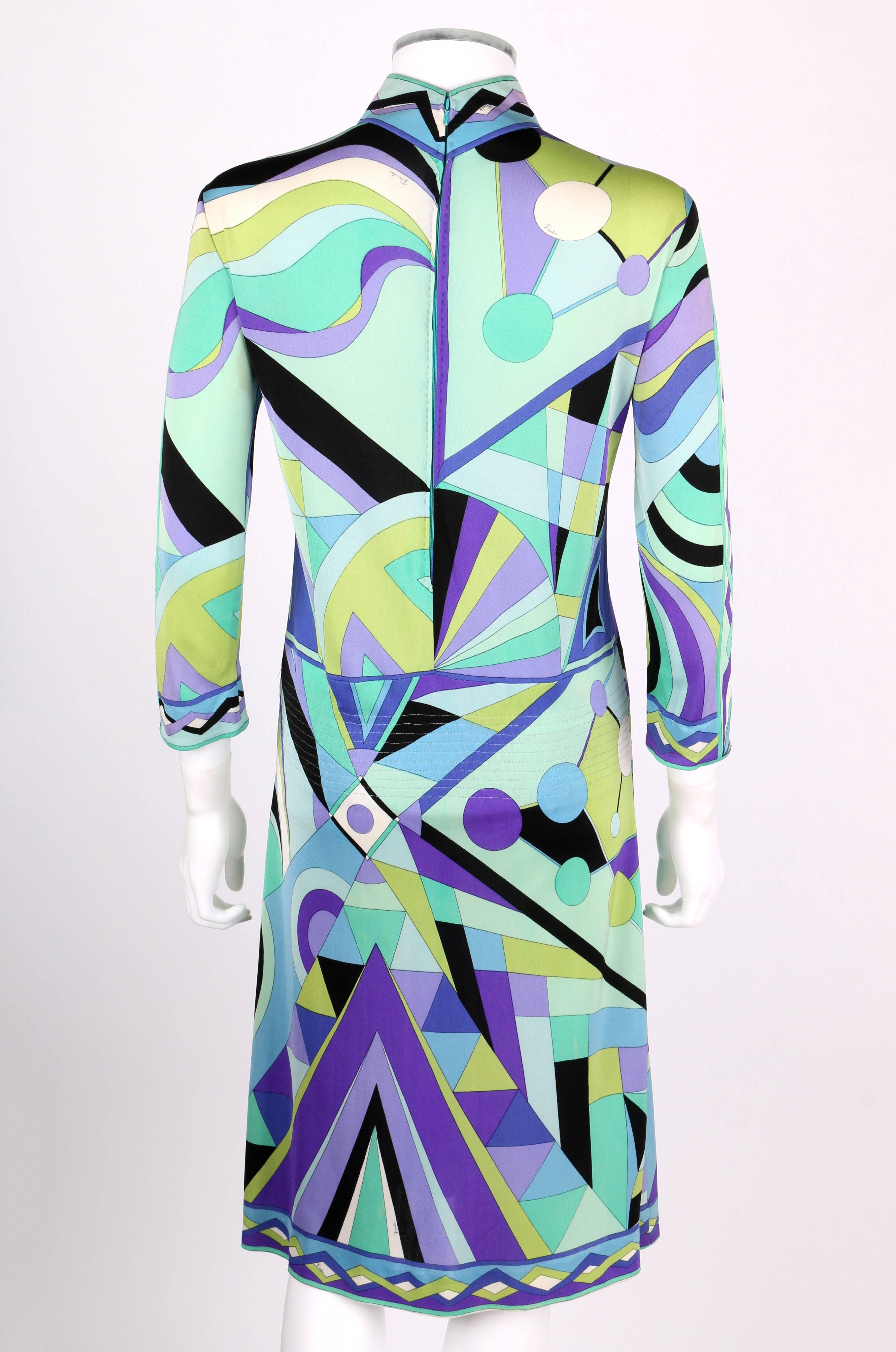 EMILIO PUCCI 1960s Multi-Color Signature Print Silk Jersey Mod Dress Size 8 In Excellent Condition In Thiensville, WI