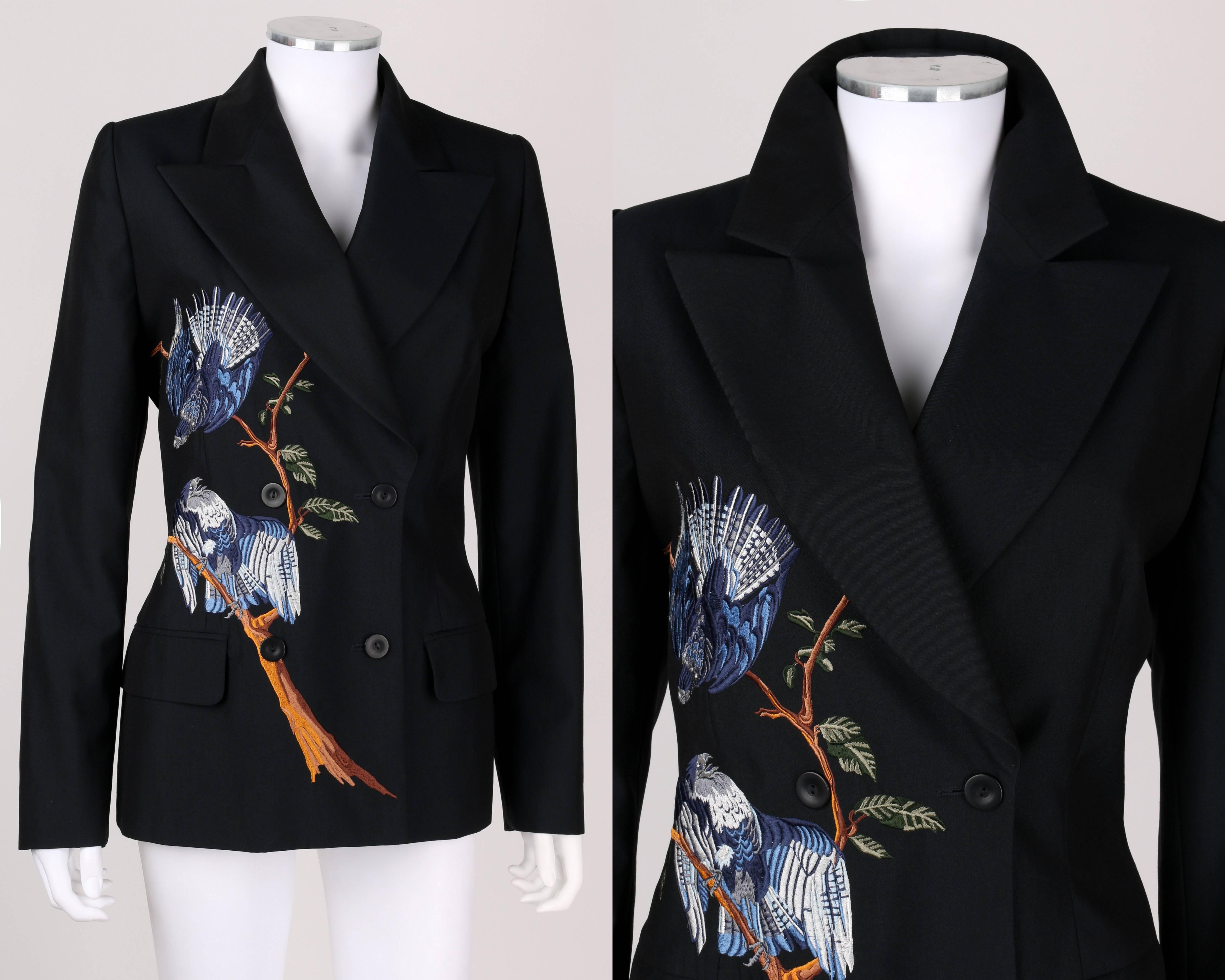 Alexander McQueen for Givenchy Couture blazer jacket from the Spring/Summer 1998 Collection. Double breasted styling with dramatic pointed collar. Front and right side are embellished with an embroidered branch featuring two blue eagles. Two
