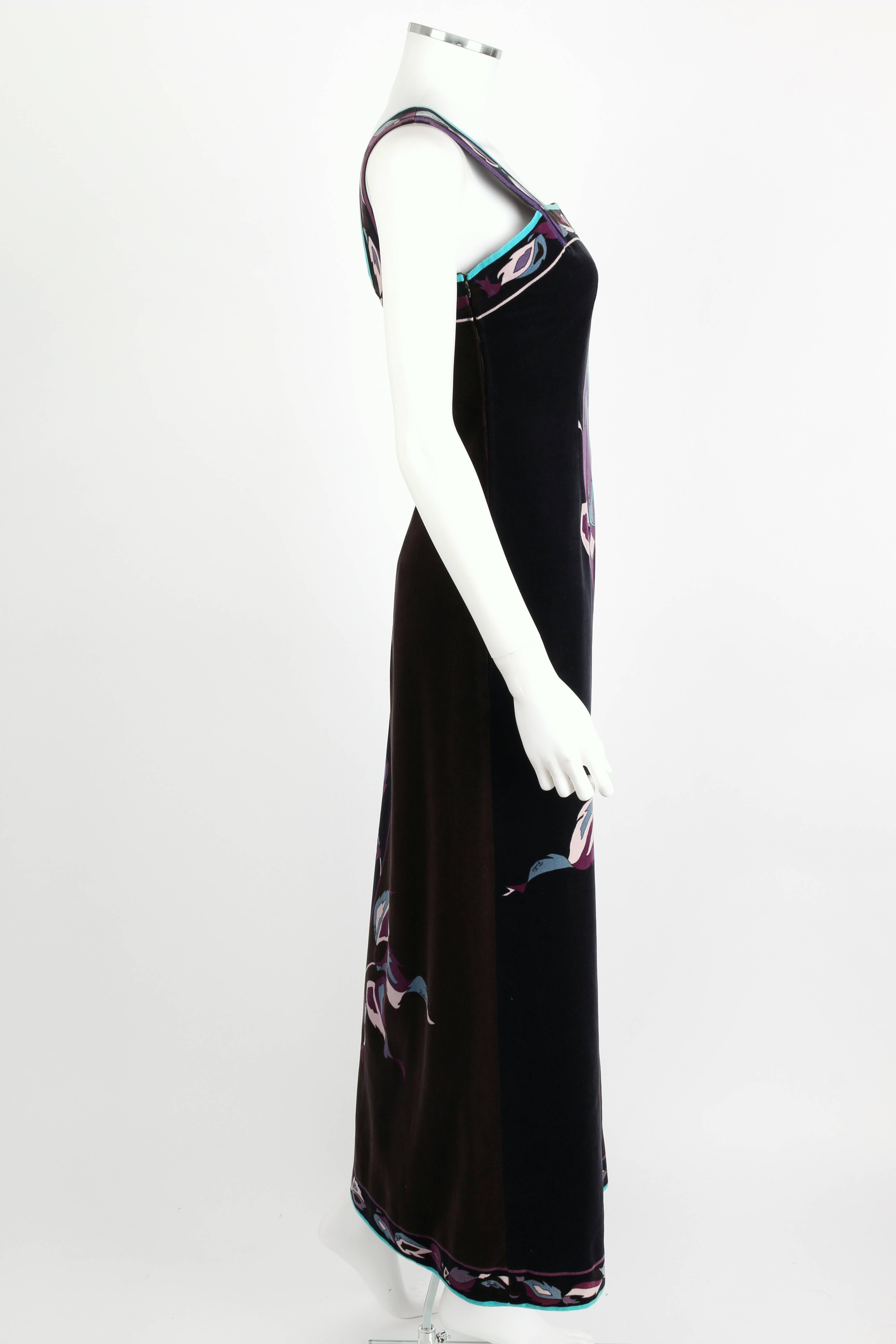 EMILIO PUCCI 1960 Vestido maxi de terciopelo sin mangas con estampado de rosas multicolor Talla 10 Negro en venta
