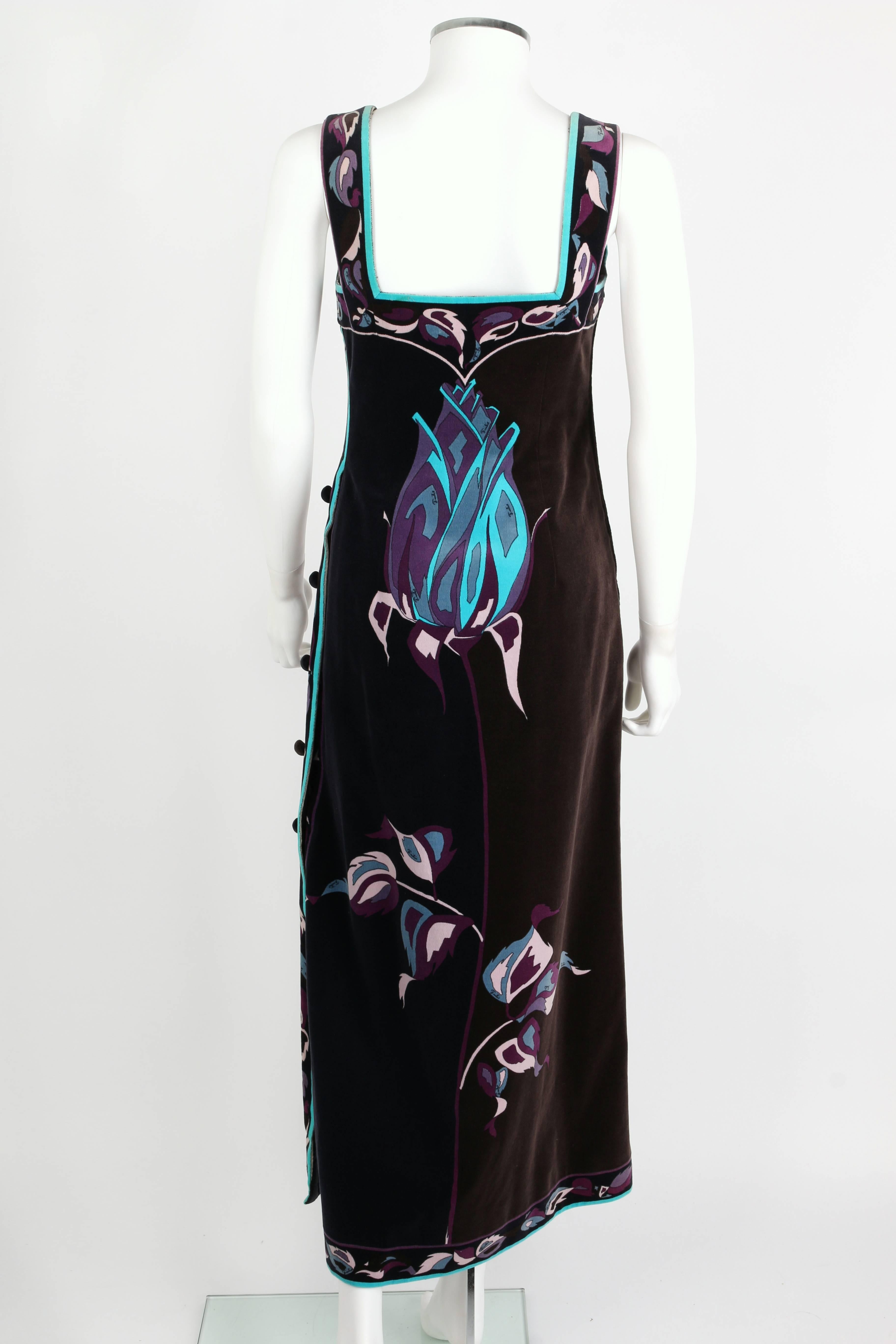 Black EMILIO PUCCI 1960s Multicolor Rose Print Sleeveless Velvet Maxi Dress Size 10 For Sale