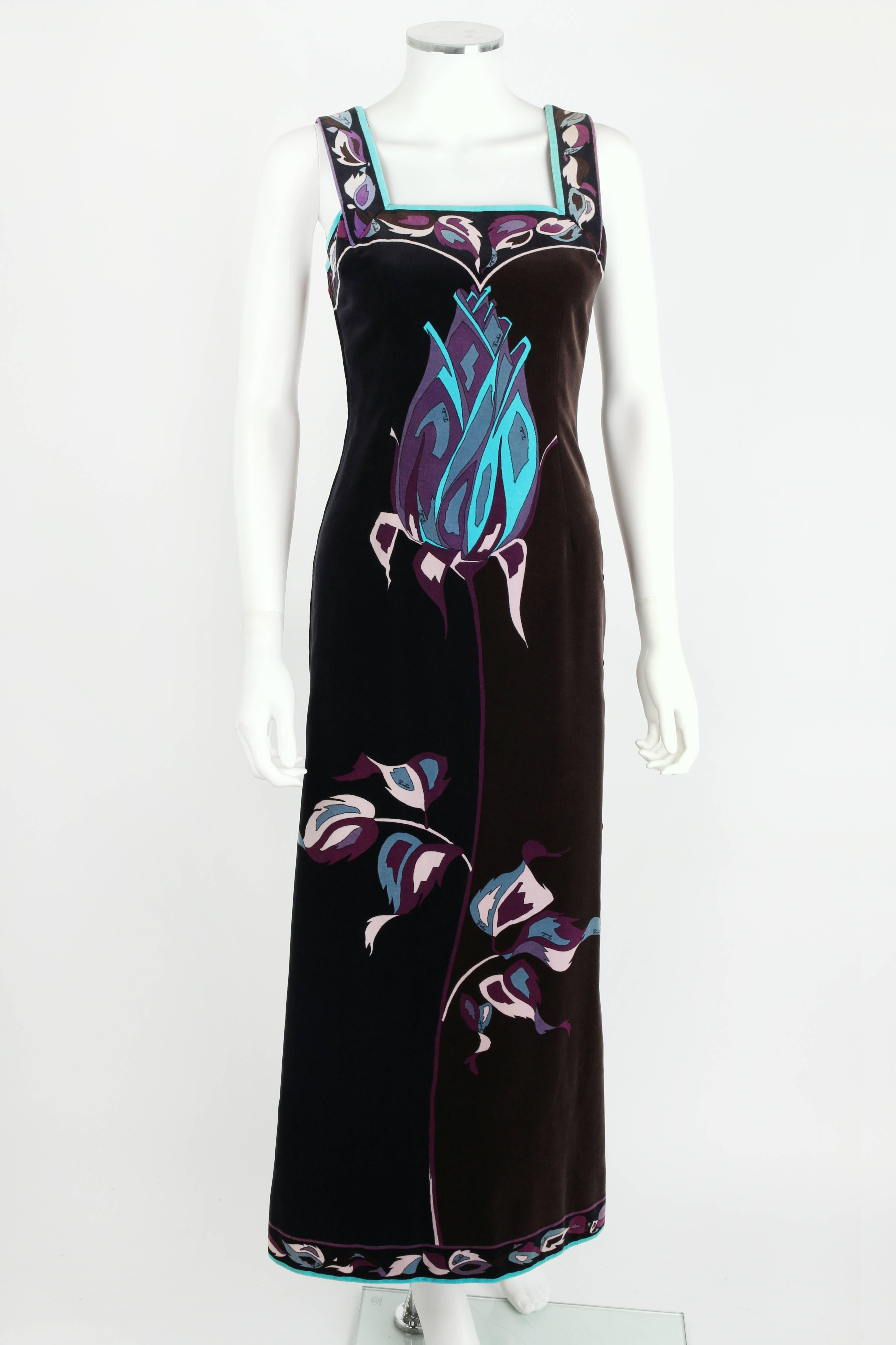 Vintage c.1960s Emilio Pucci velveteen maxi dress. Large blue, purple, and white rose print on the front and back. Sleeveless with square neckline at front and back. Left side has button detail and closes with hidden snaps. Zips at right side. Fully