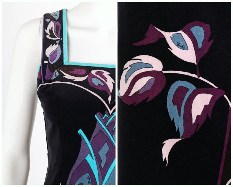 EMILIO PUCCI 1960s Multicolor Rose Print Sleeveless Velvet Maxi Dress Size 10 For Sale 2