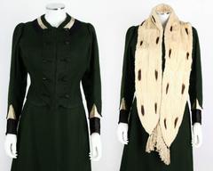 1900s Victorian Edwardian Wool Winter Suit Fur Stole Ice Skating Ensemble