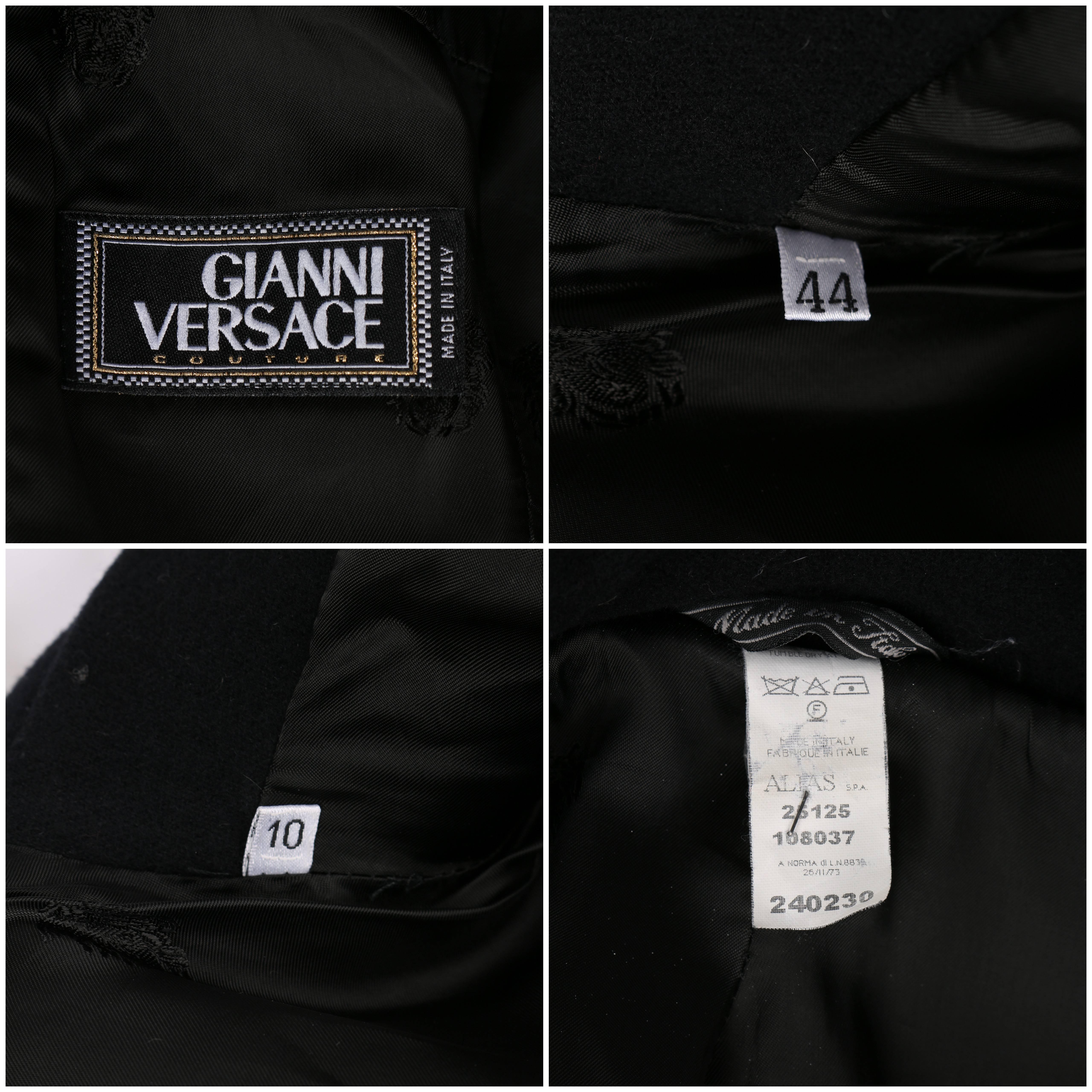 GIANNI VERSACE c.1990's Couture Black Wool Belted Coat Leather Zig Zag Trim For Sale 5