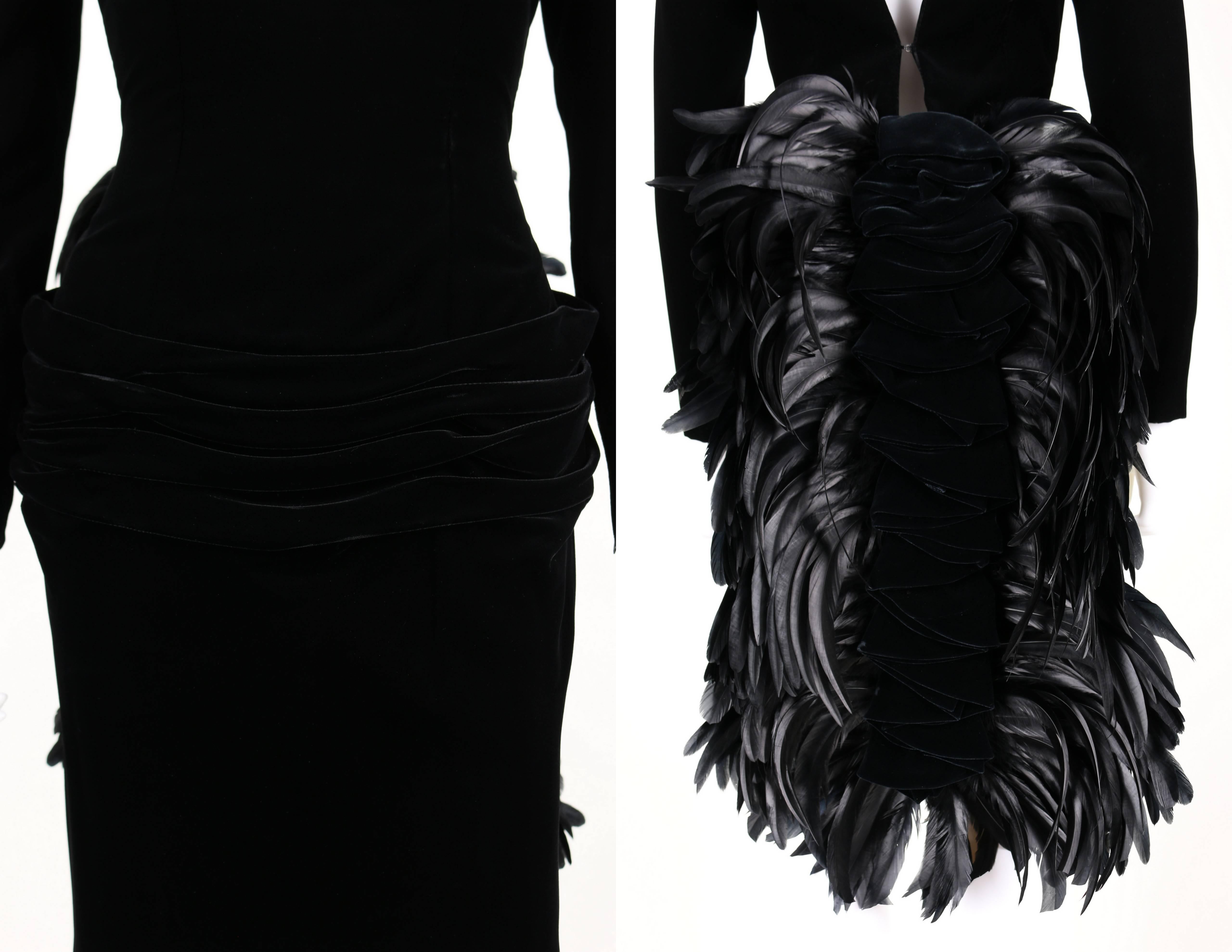 OSCAR DE LA RENTA A/W 1987 Black Velvet Coq Feather Bustle Cocktail Dress Size S 1