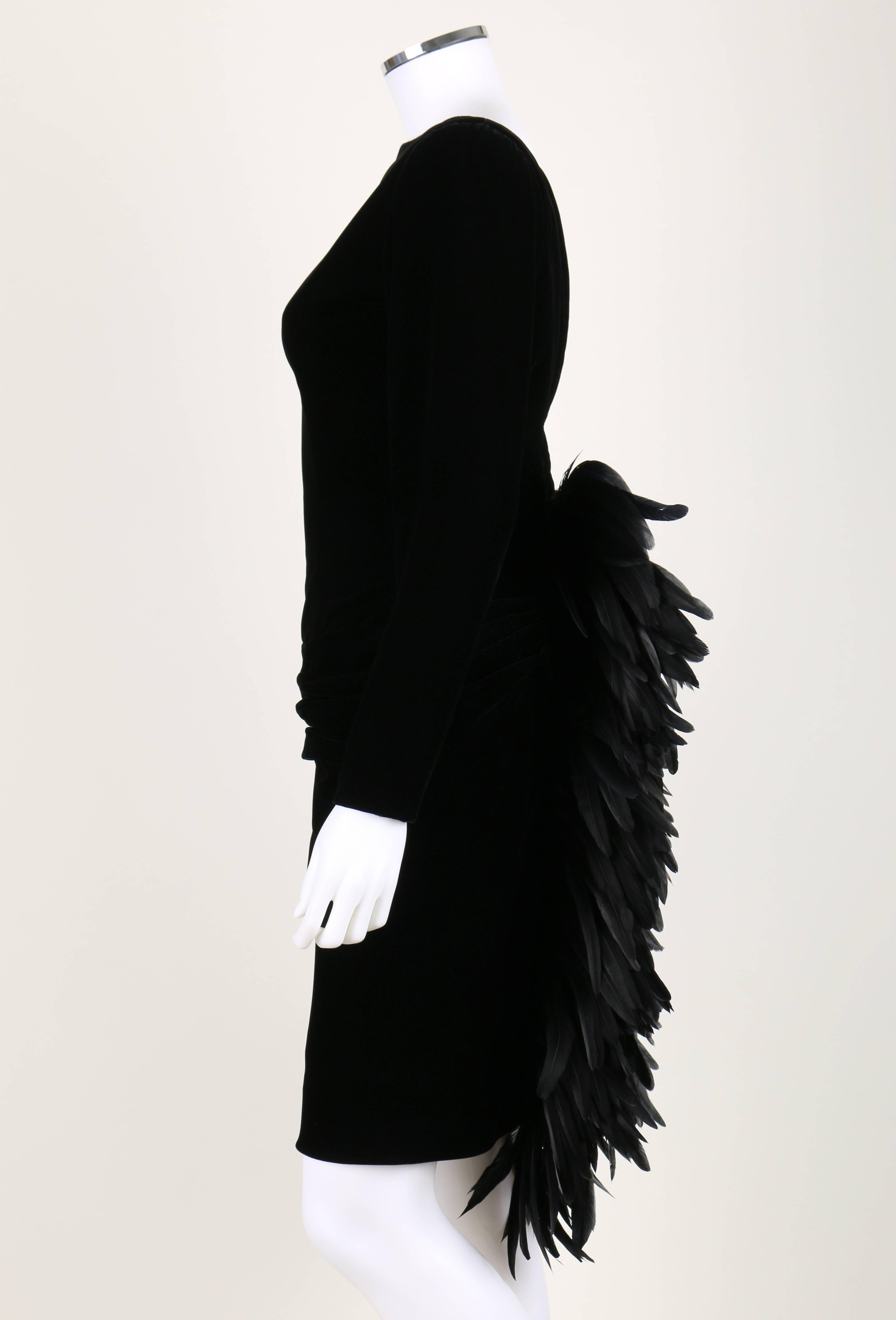Women's OSCAR DE LA RENTA A/W 1987 Black Velvet Coq Feather Bustle Cocktail Dress Size S