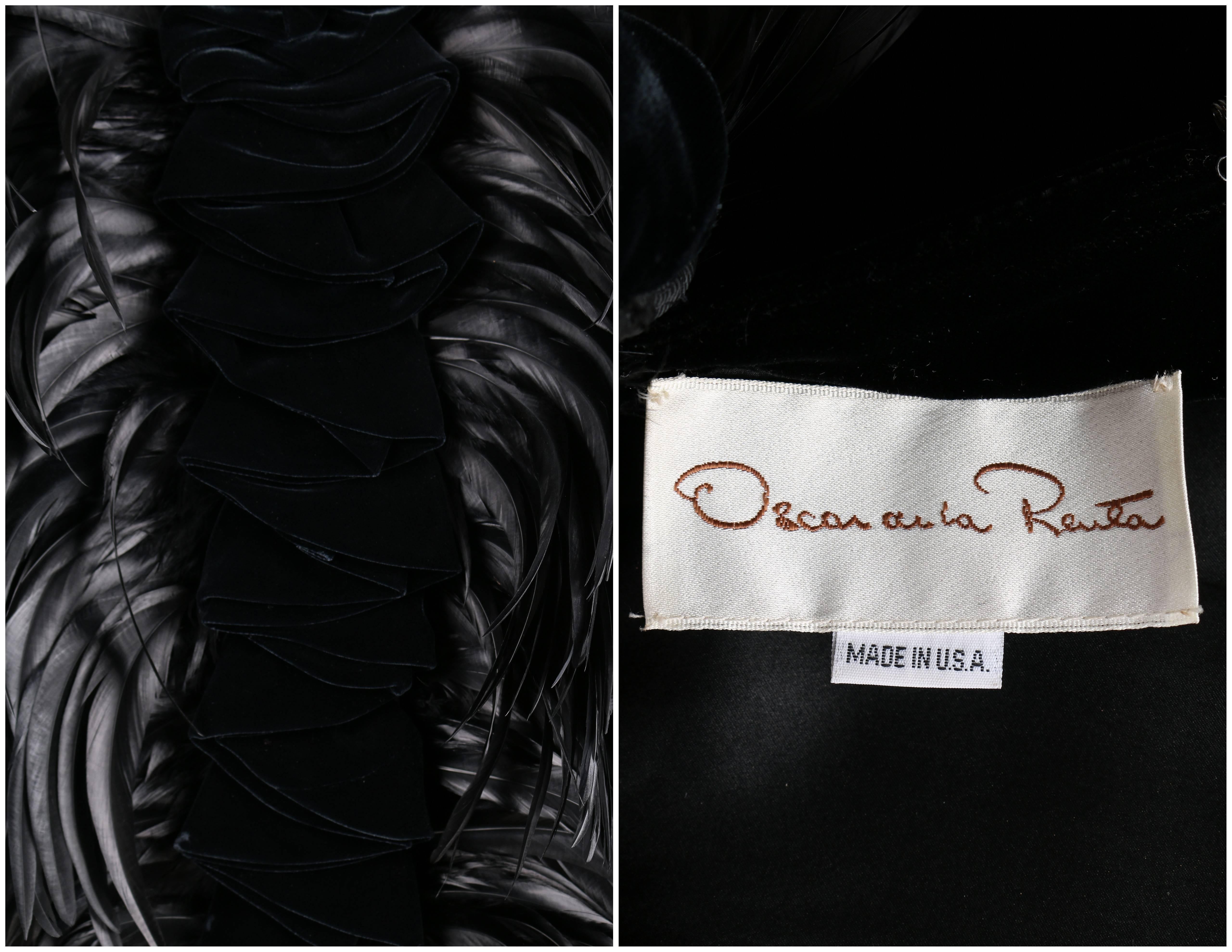 OSCAR DE LA RENTA A/W 1987 Black Velvet Coq Feather Bustle Cocktail Dress Size S 2