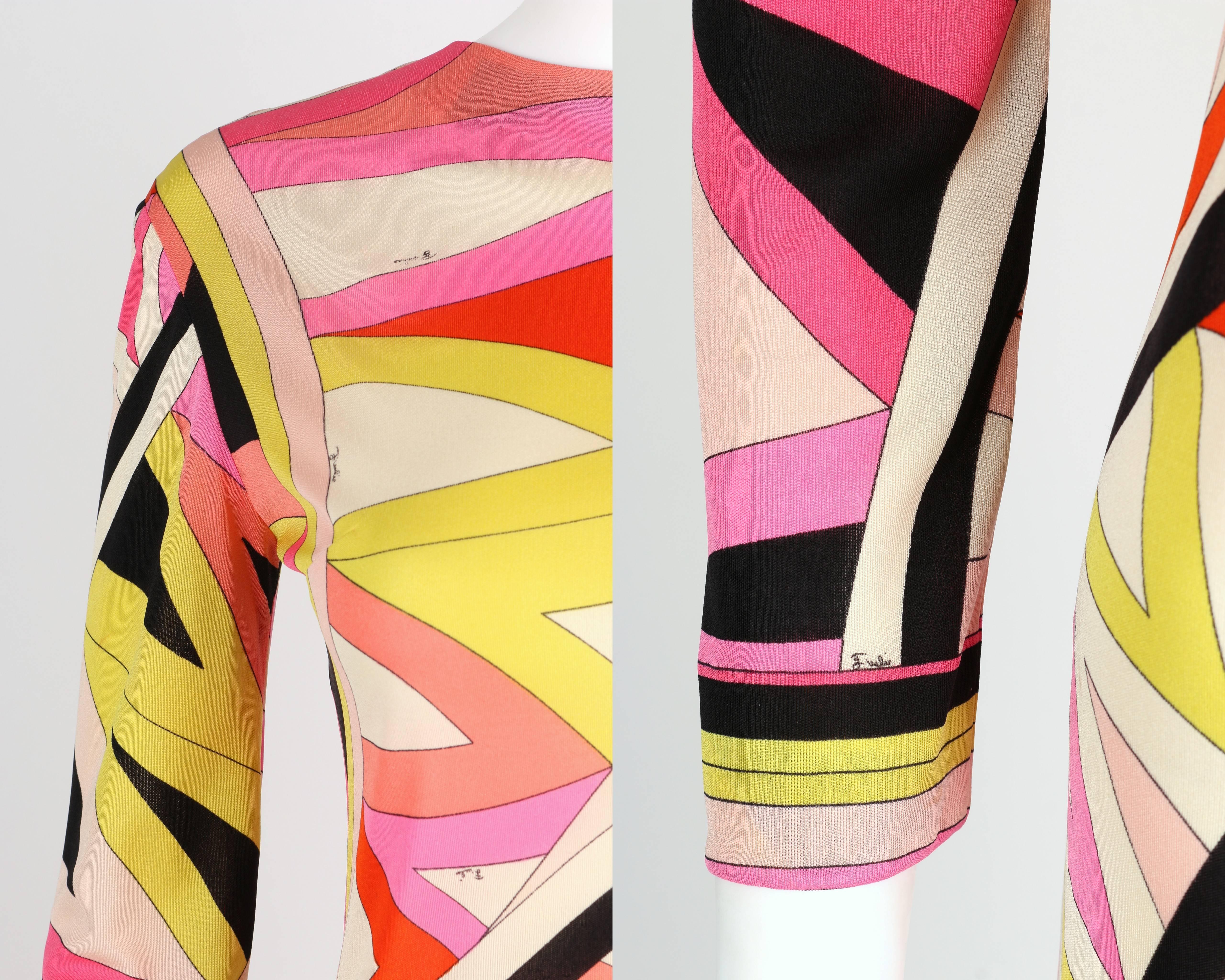 EMILIO PUCCI 1960s Multi-Color Zigzag Signature Print Silk Jersey Dress Size 10 1