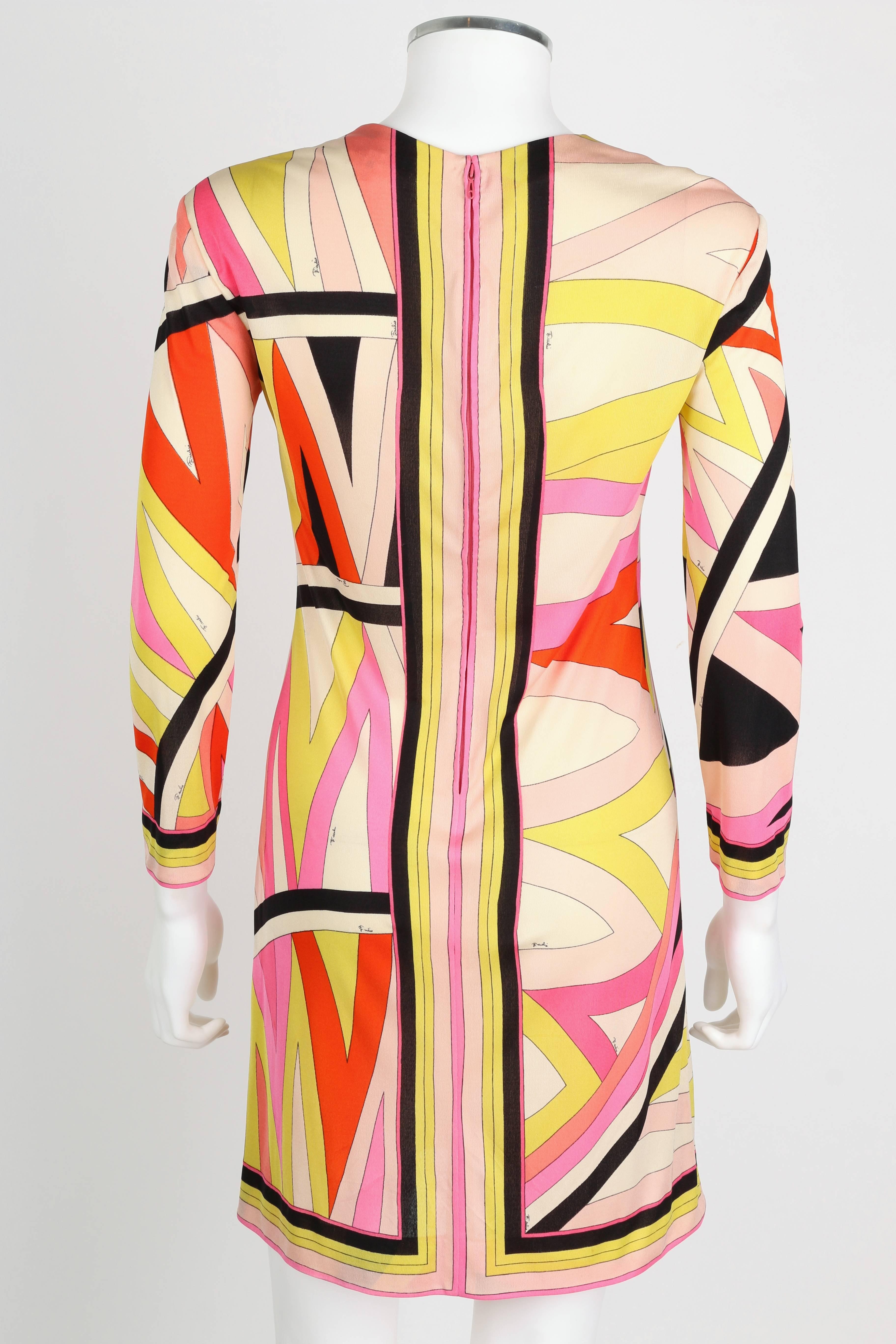 Orange EMILIO PUCCI 1960s Multi-Color Zigzag Signature Print Silk Jersey Dress Size 10