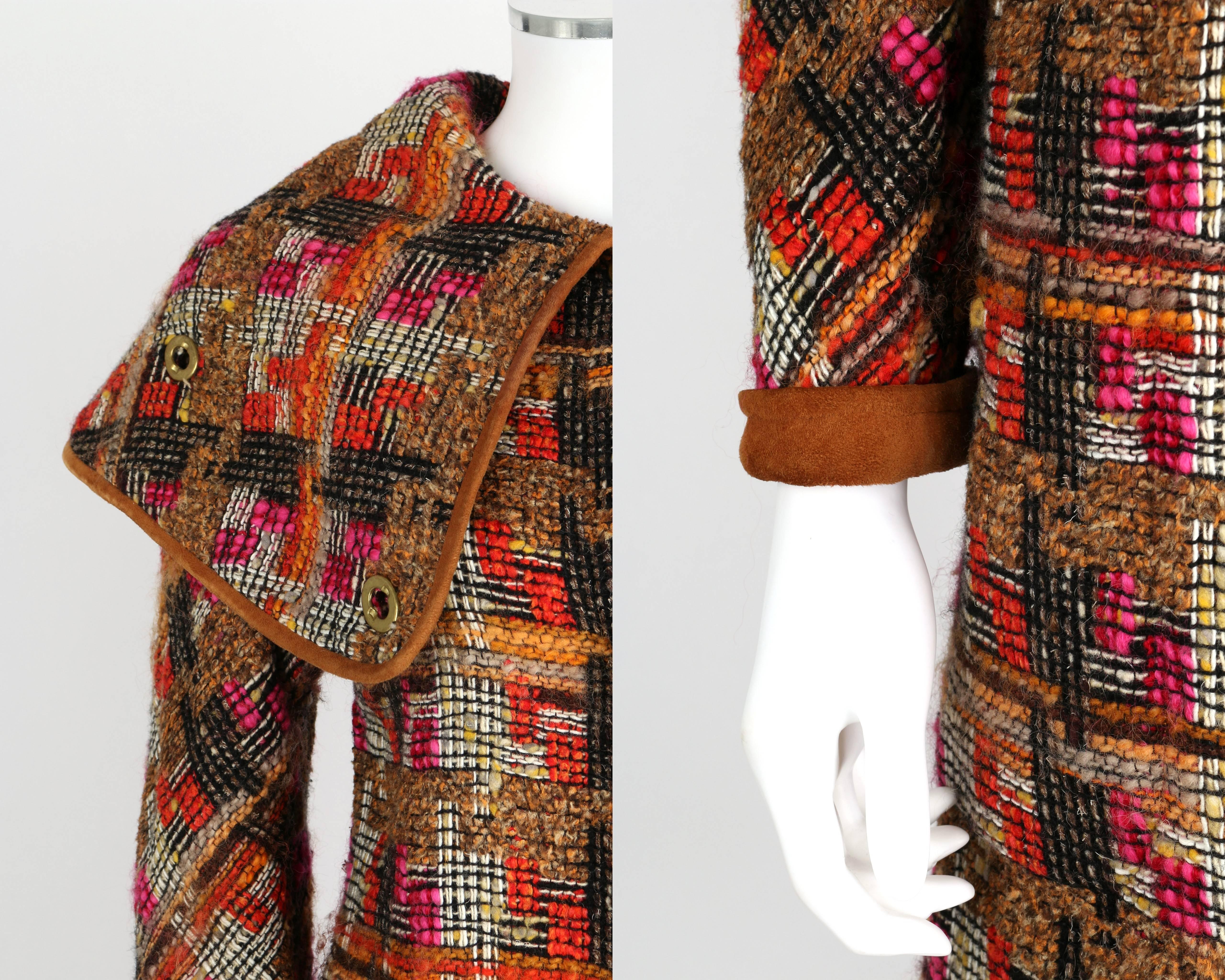 BONNIE CASHIN 1960s SILLS Multi-color Tweed Suede Long Cape Coat Size XS / S 1