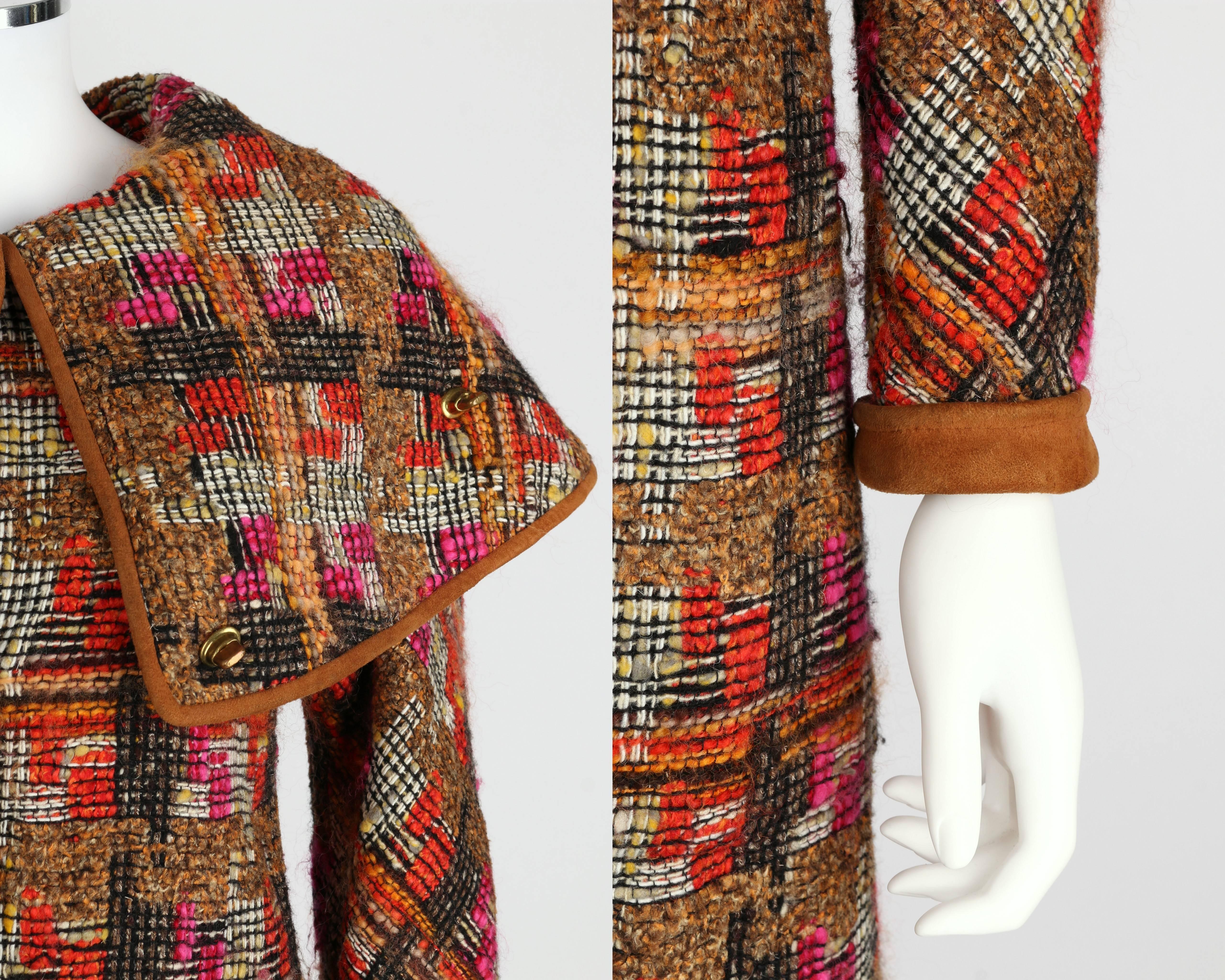 BONNIE CASHIN 1960s SILLS Multi-color Tweed Suede Long Cape Coat Size XS / S 2
