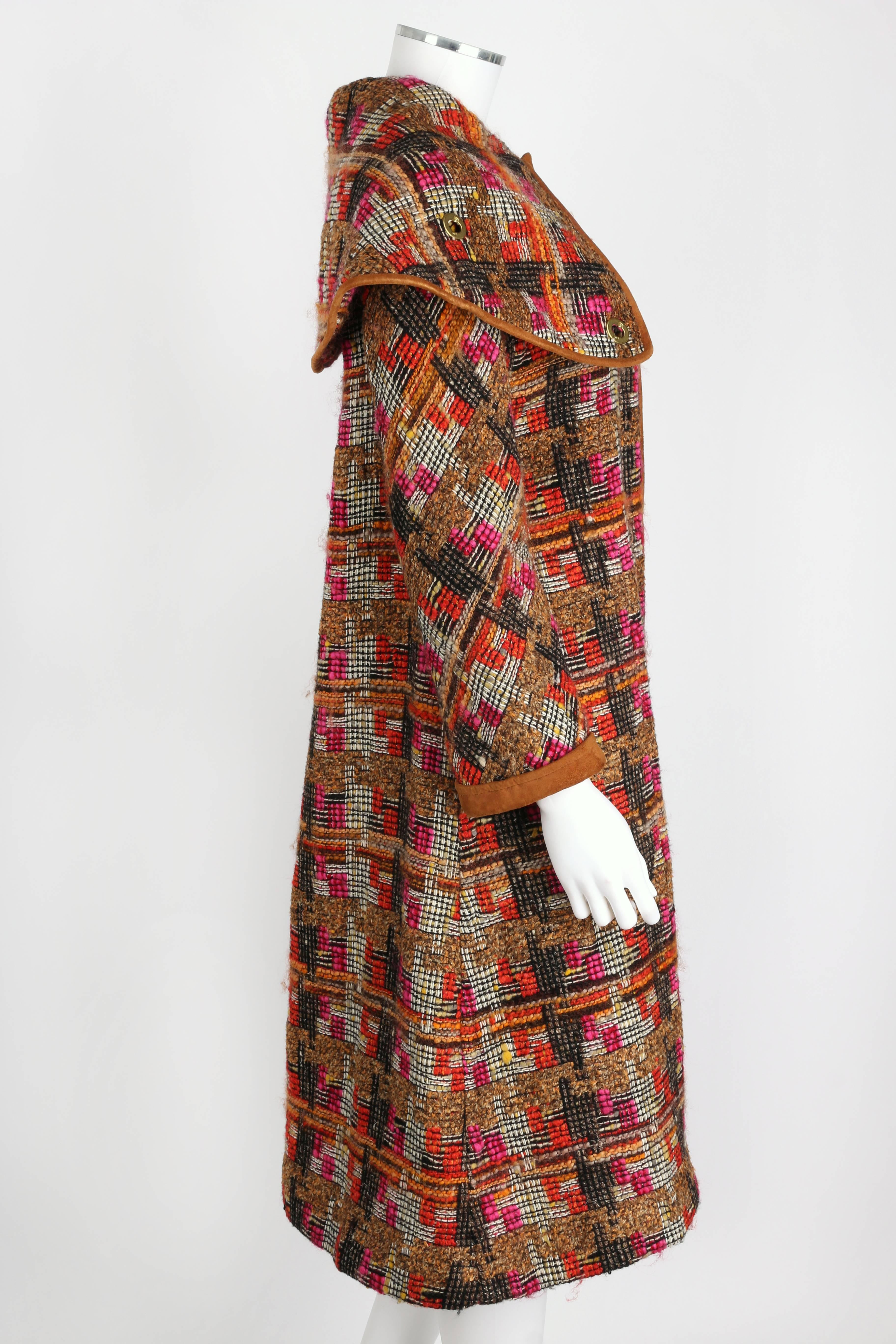 Brown BONNIE CASHIN 1960s SILLS Multi-color Tweed Suede Long Cape Coat Size XS / S