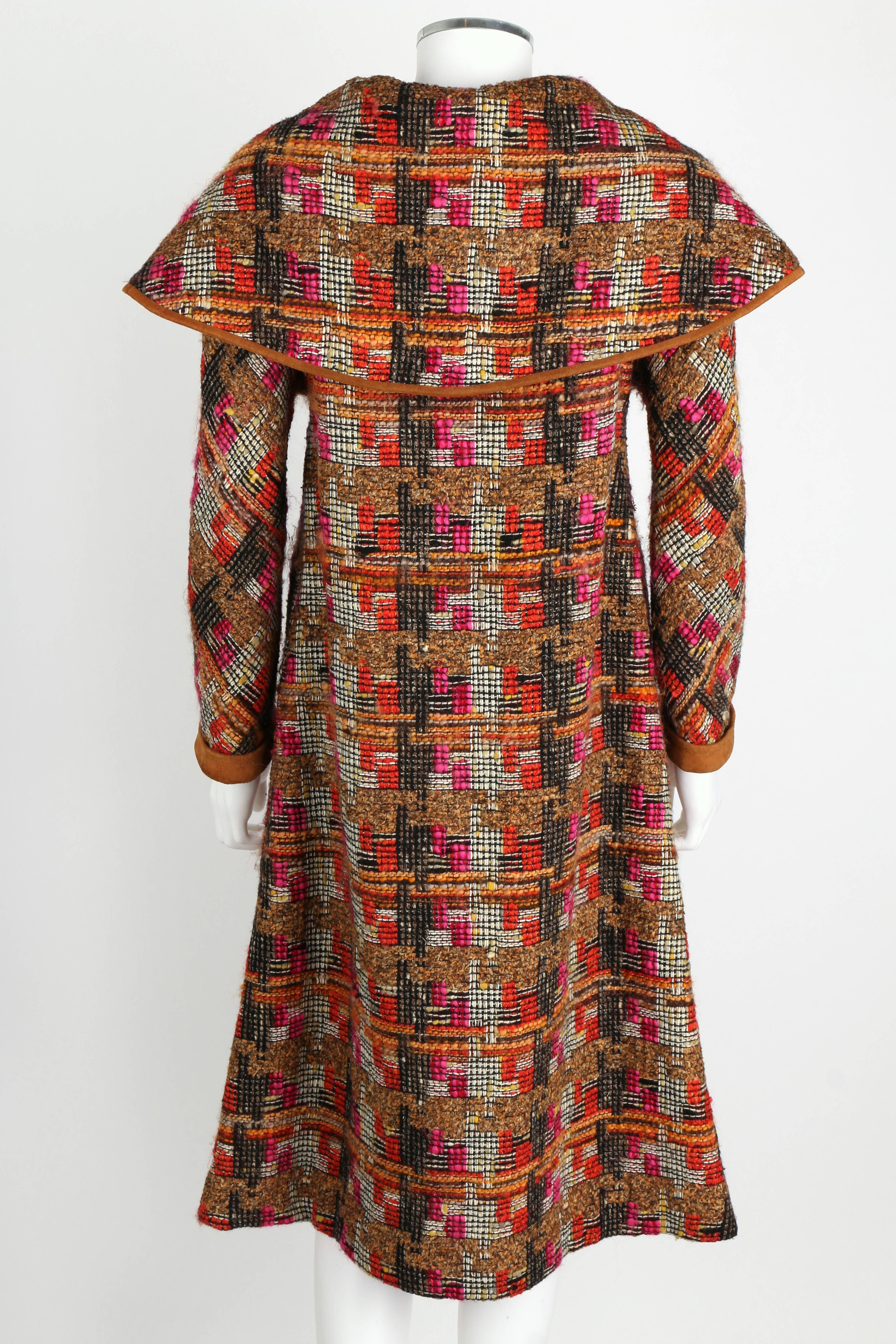 BONNIE CASHIN 1960s SILLS Multi-color Tweed Suede Long Cape Coat Size XS / S In Excellent Condition In Thiensville, WI