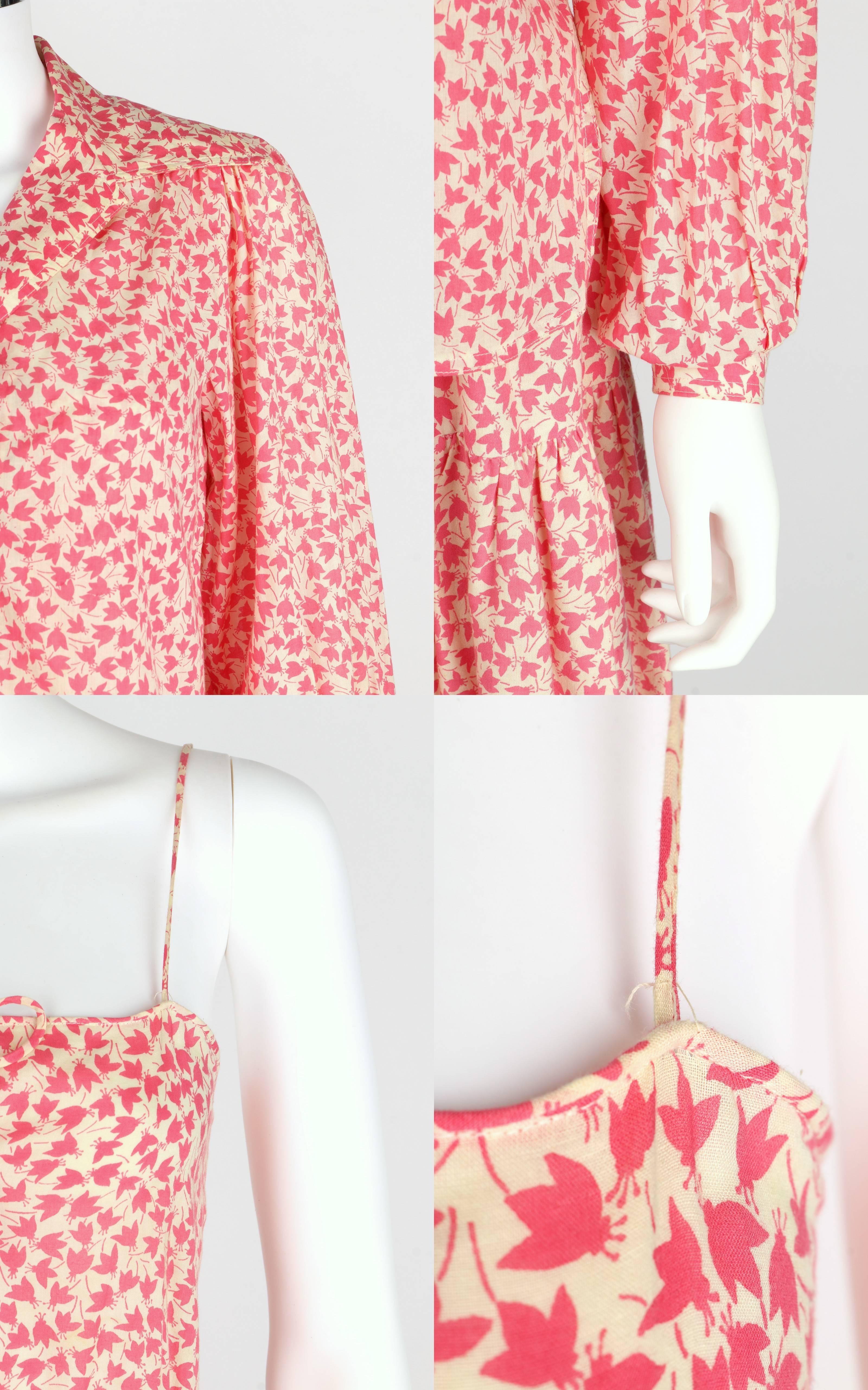 OSCAR de la RENTA 1970s Ivory Pink Floral Cotton Sundress Top Scarf Belt Set 6 5